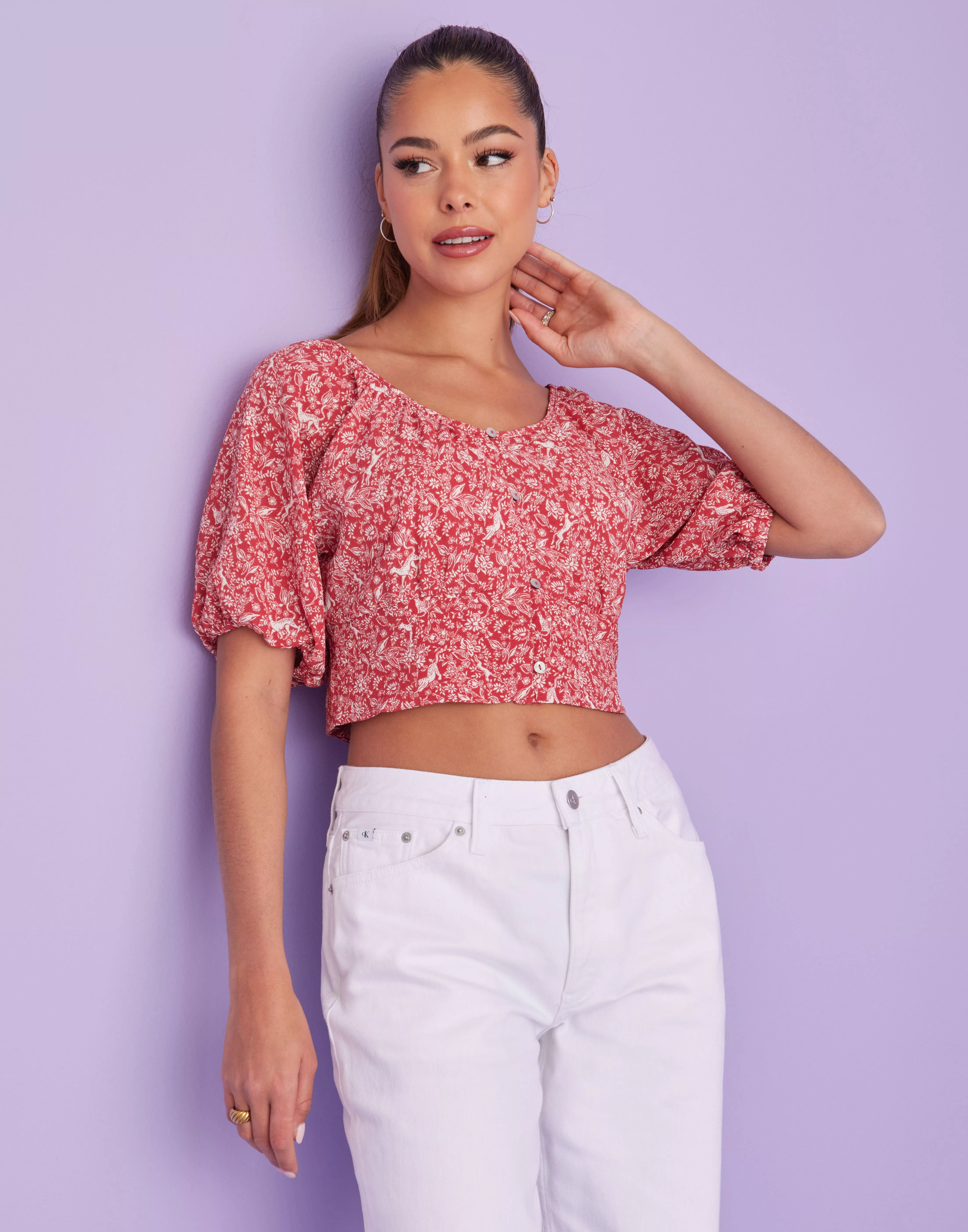 Buy Only ONLNOVA LUX S/S ELINETOP AOP PTM - Mineral Red Charm