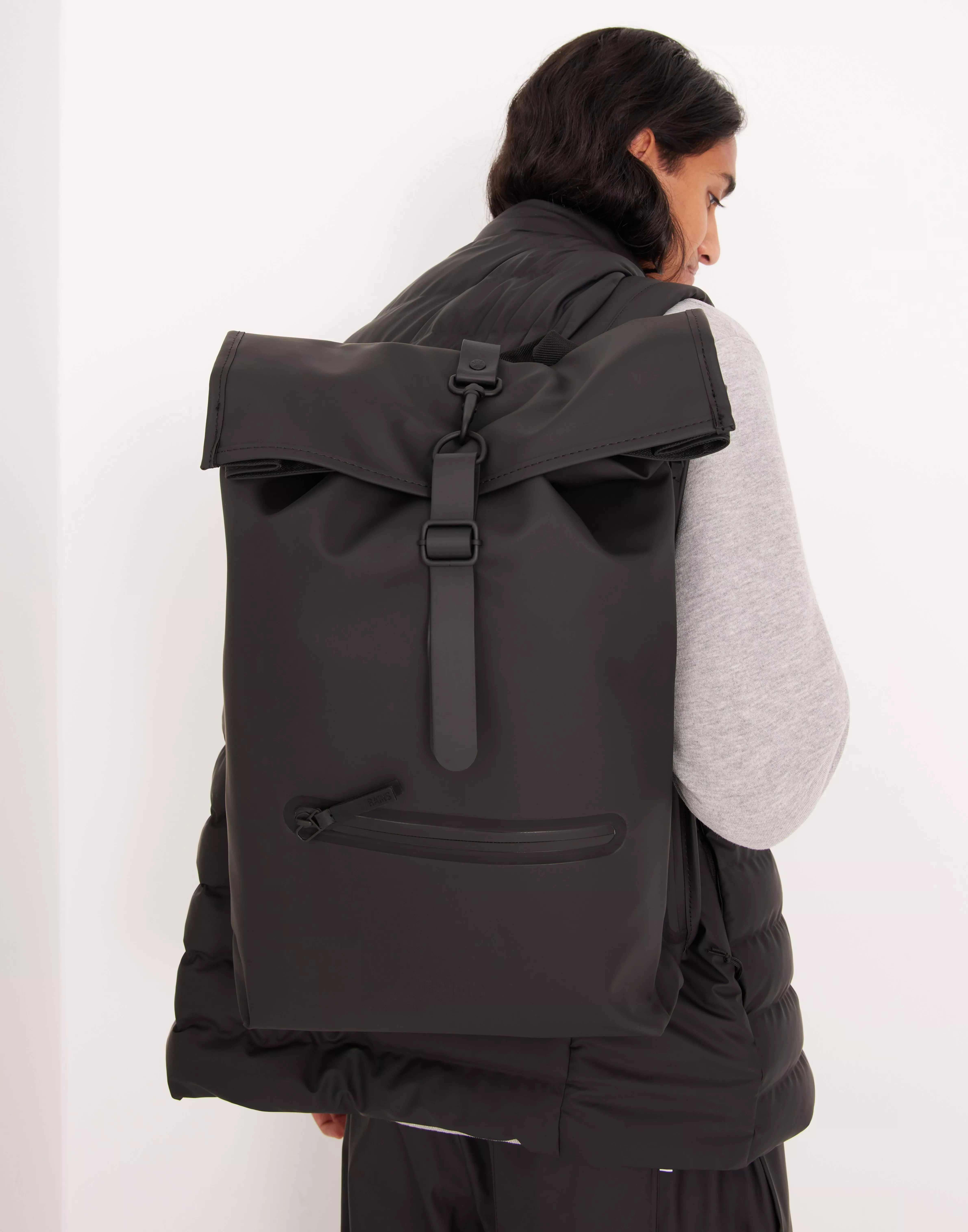 Rains roll top rucksack on sale black