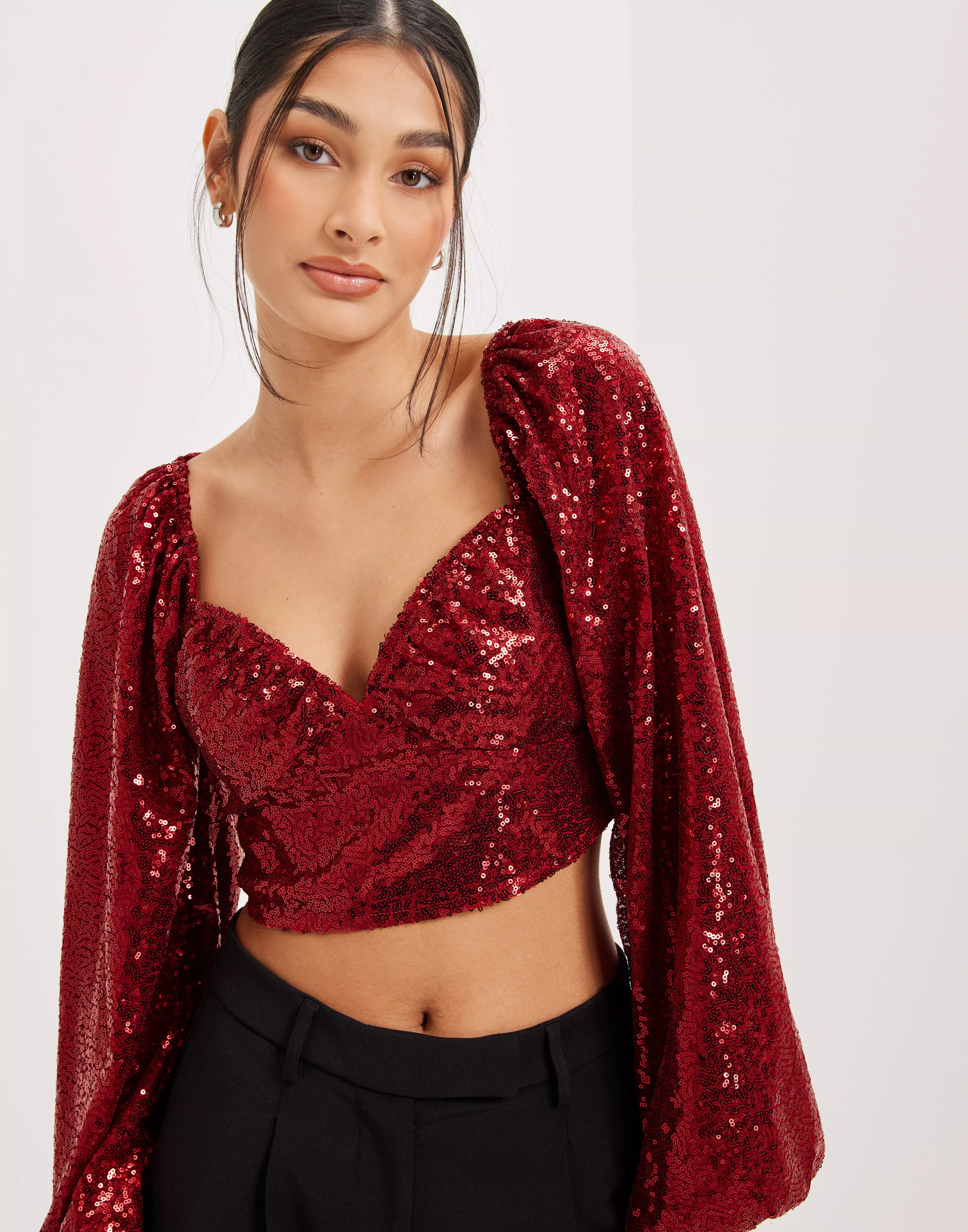 Buy Nelly Ruched Up Sequin Blouse - Red | Nelly.com