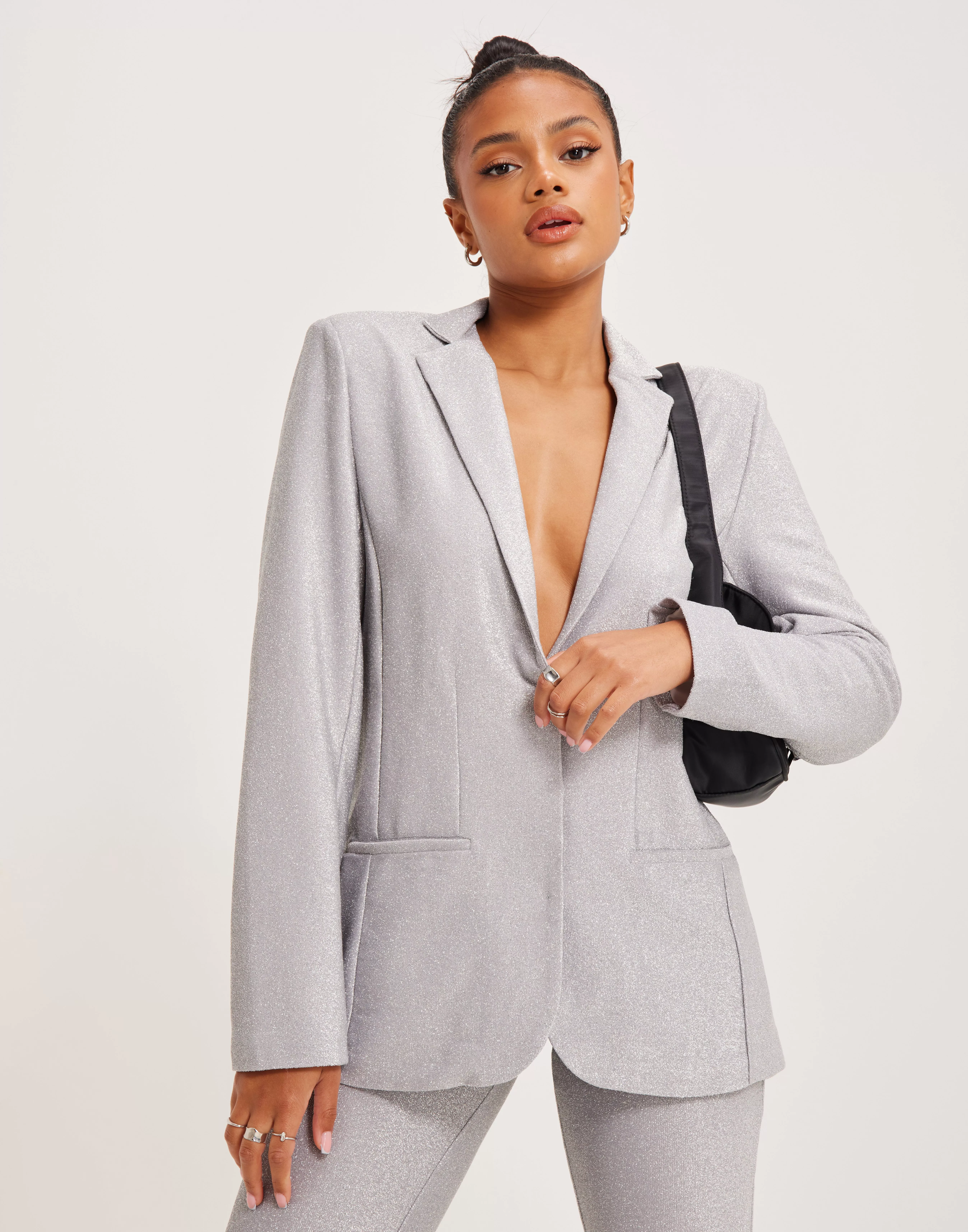 Buy Nelly Oversized Glitter Blazer Silver Nelly