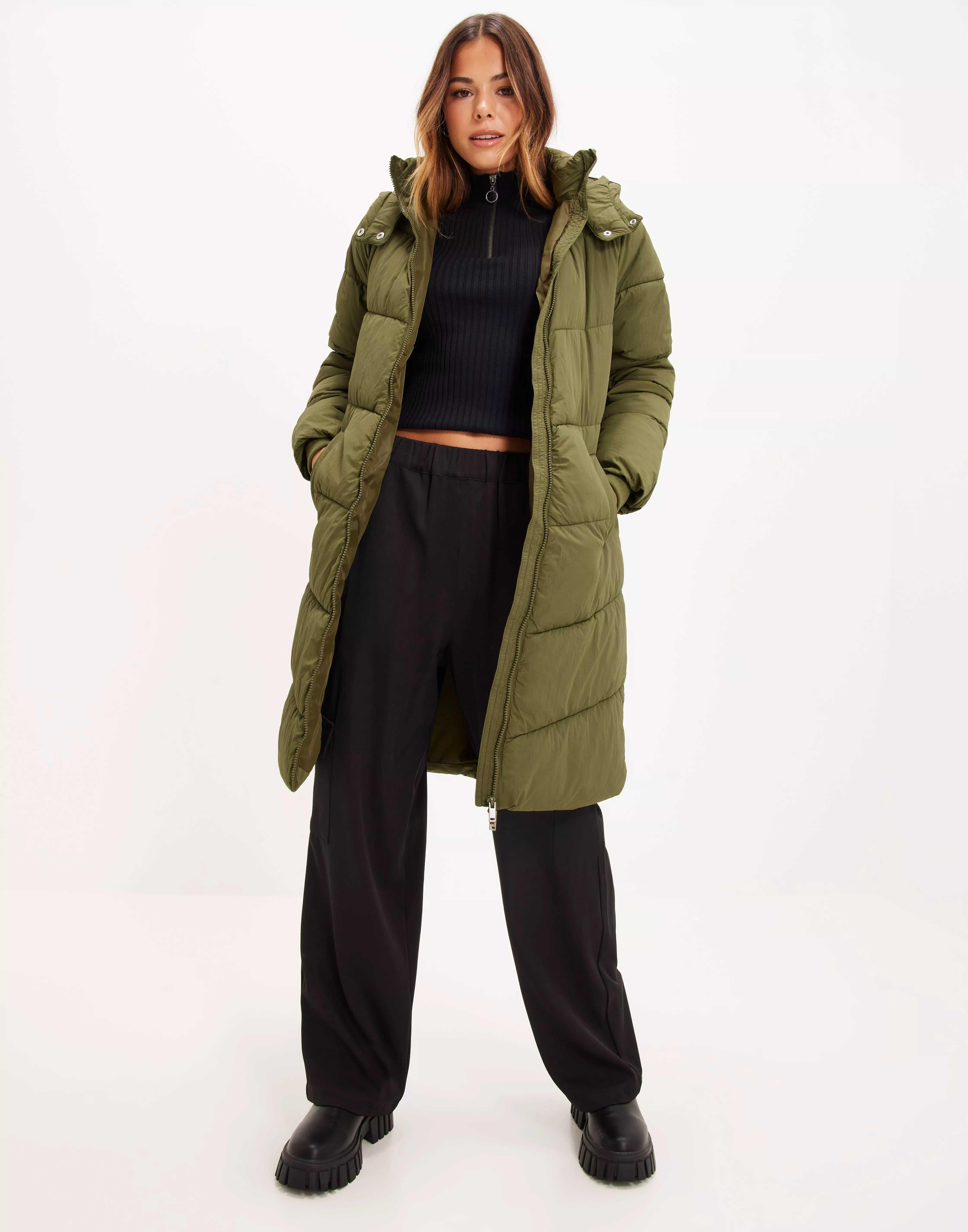 Buy Pieces PCJAMILLA LONG PUFFER JACKET NOOS B - Dark Olive | Nelly.com