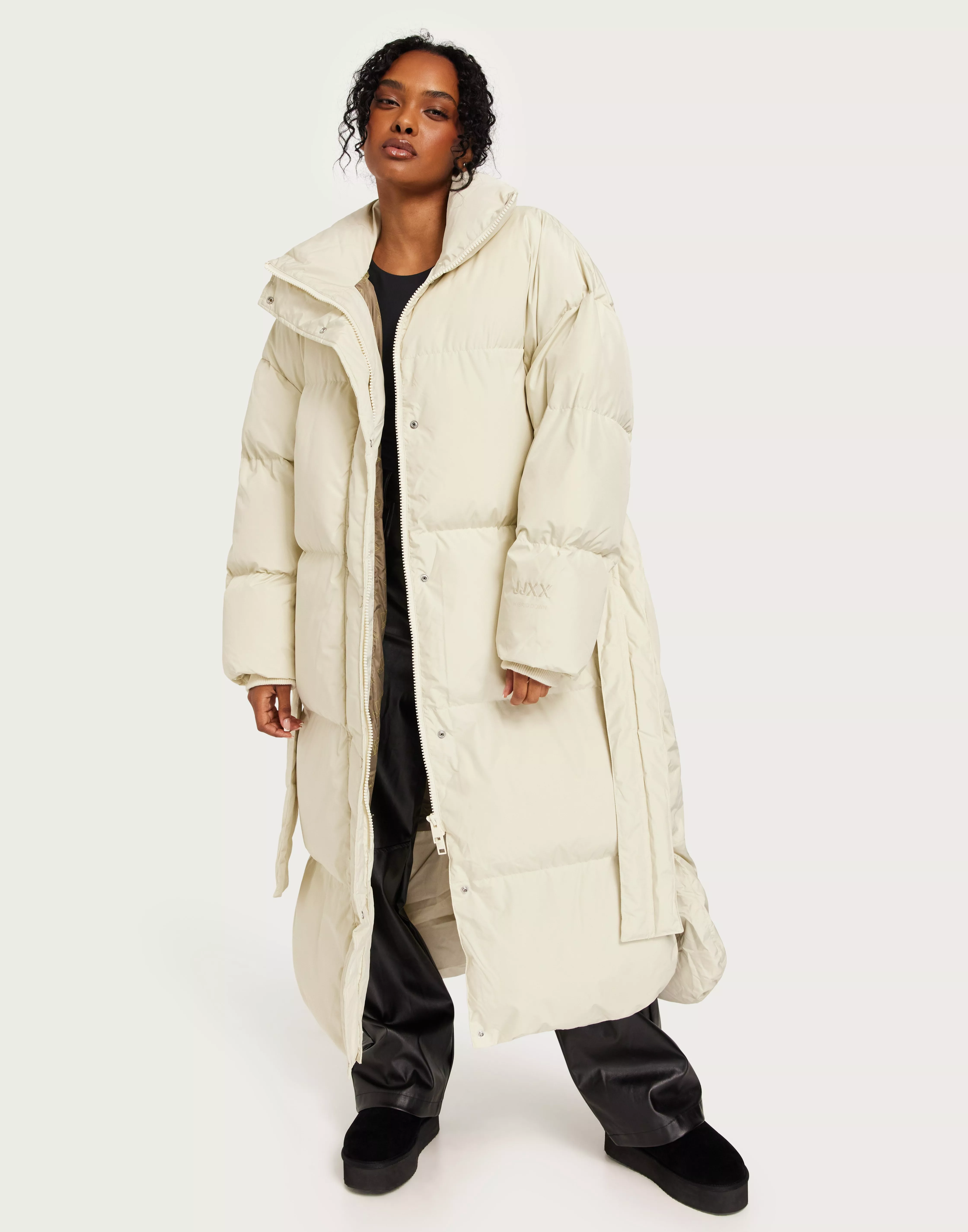 Ankle length down shop coat with hood