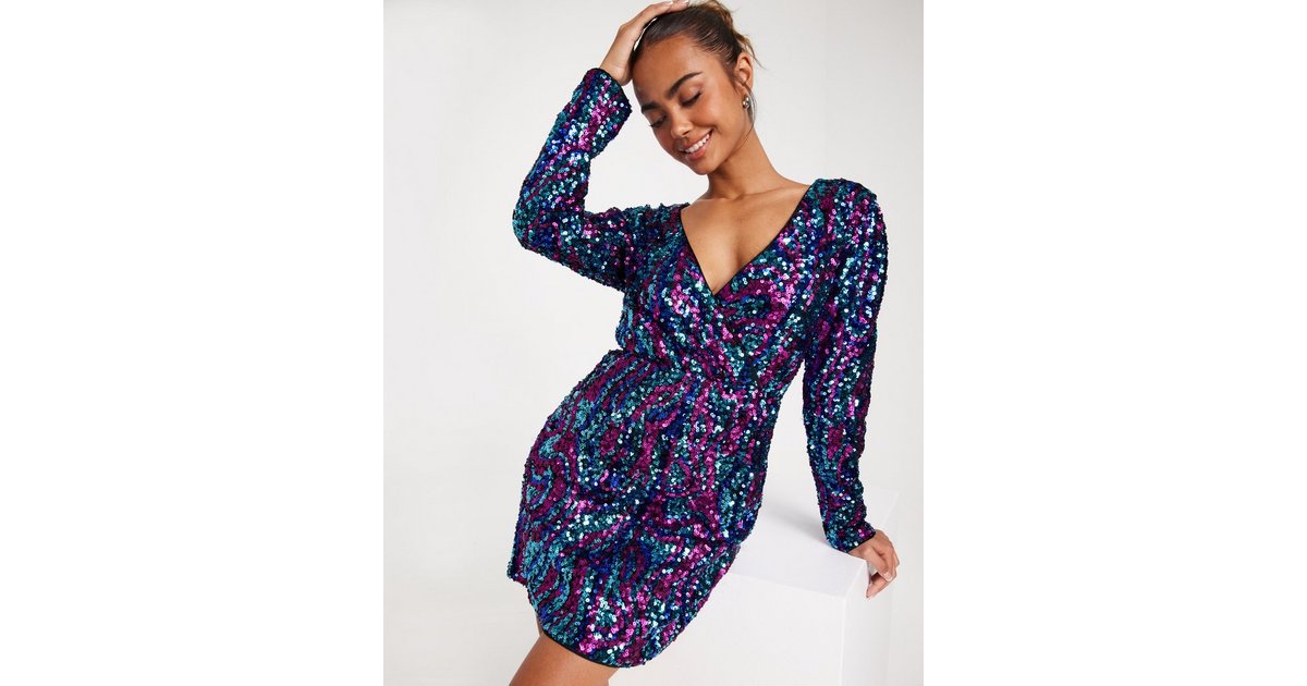 Smileyth Women Sequin Party Dress Fashion Glitter Solid Deep V Neck Wrap Long Sleeve Lace Up Nightclub Cocktail Mini Gown Dress 