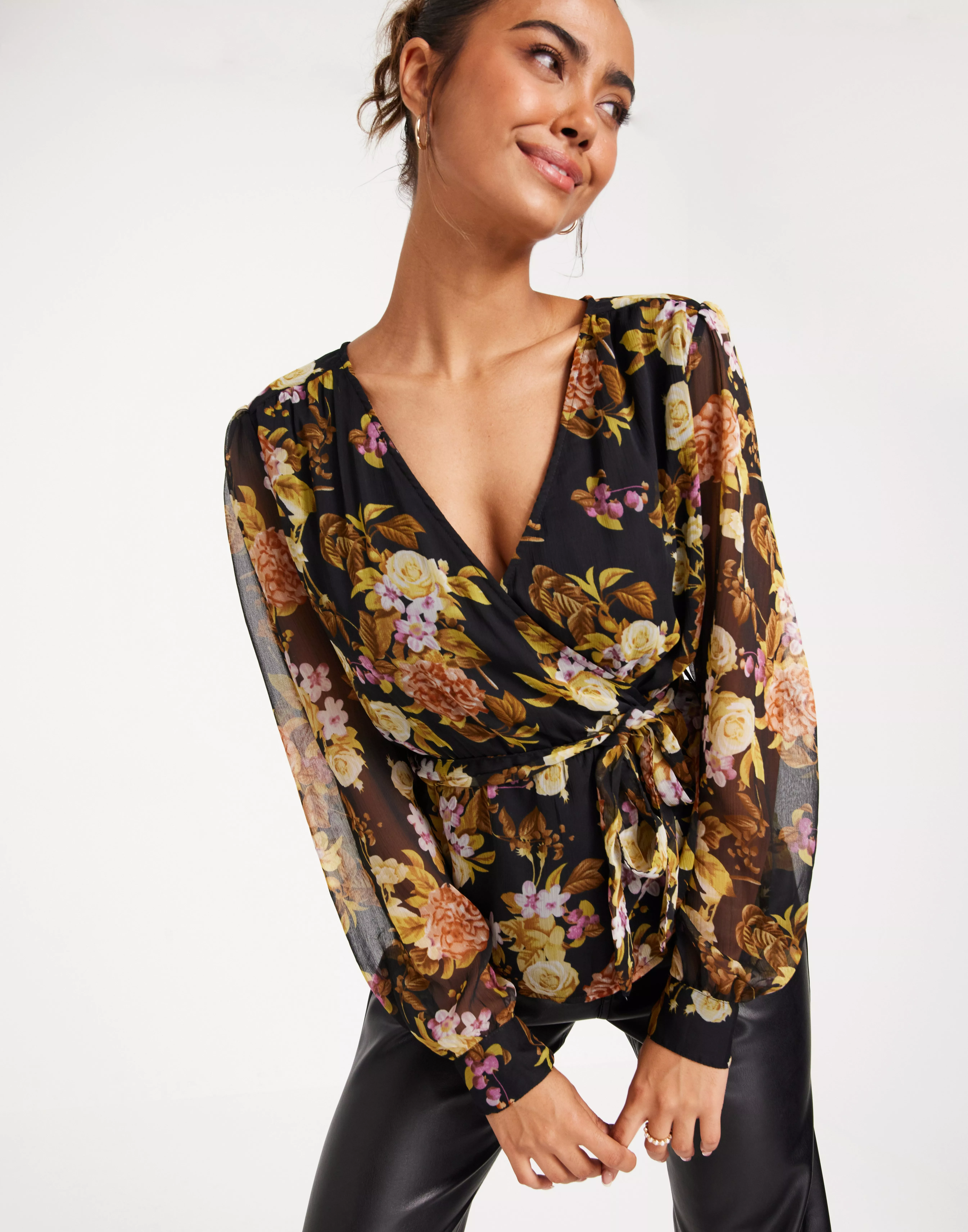 Black chiffon 2024 wrap blouse