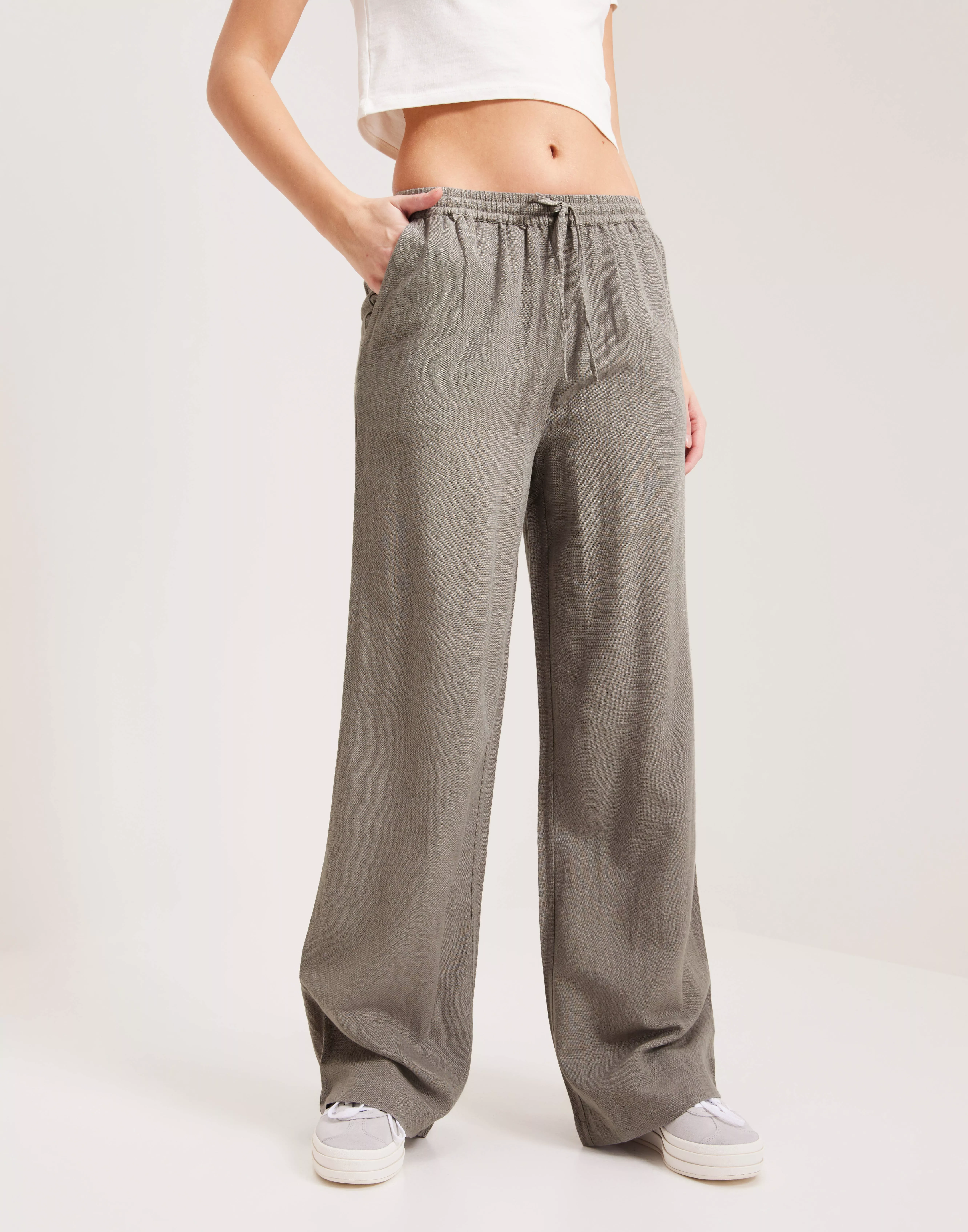 Buy Nelly Flowy Drawstring Linen Pants - Grey