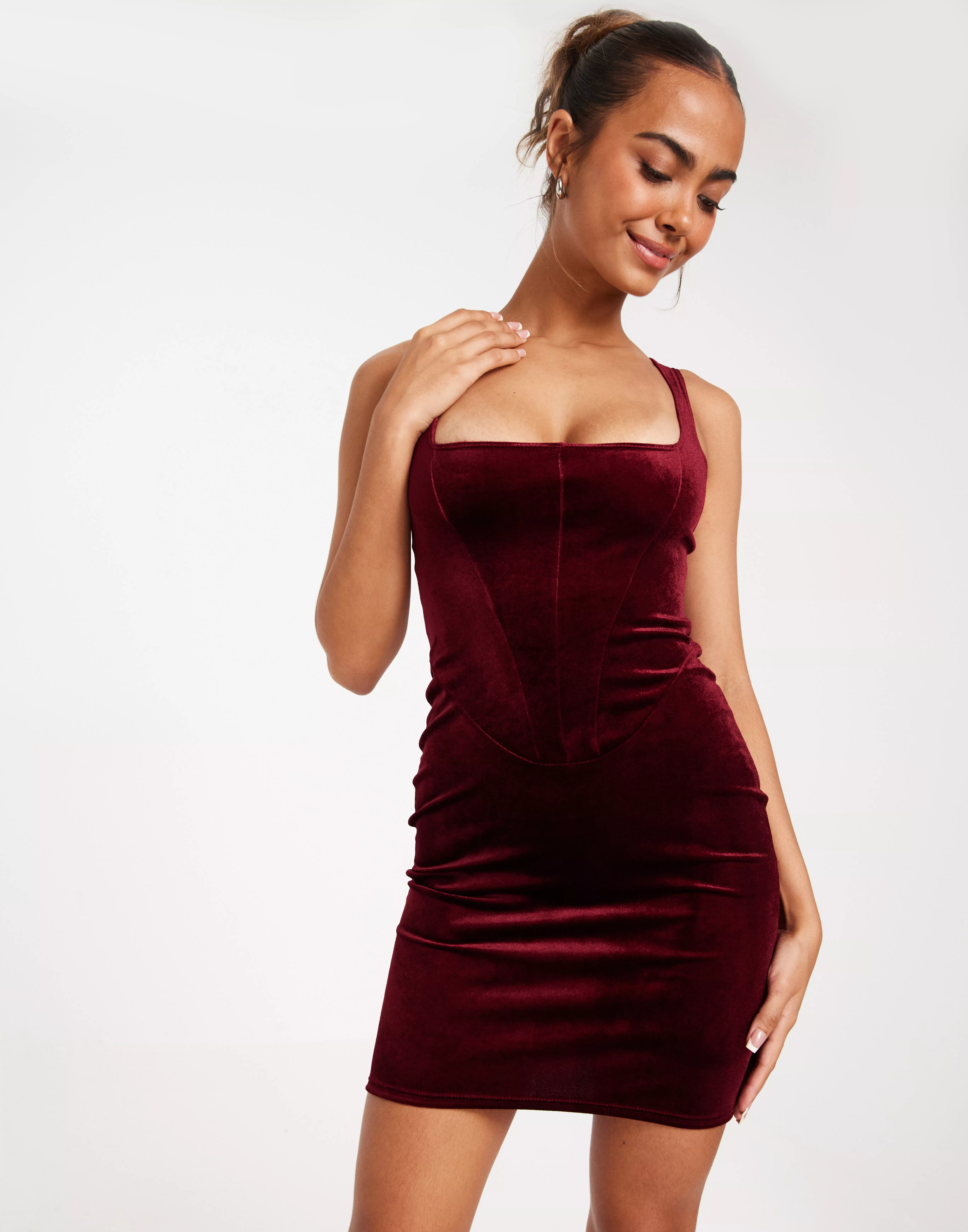 Buy Nelly Corset Seam Velvet Dress - Wine