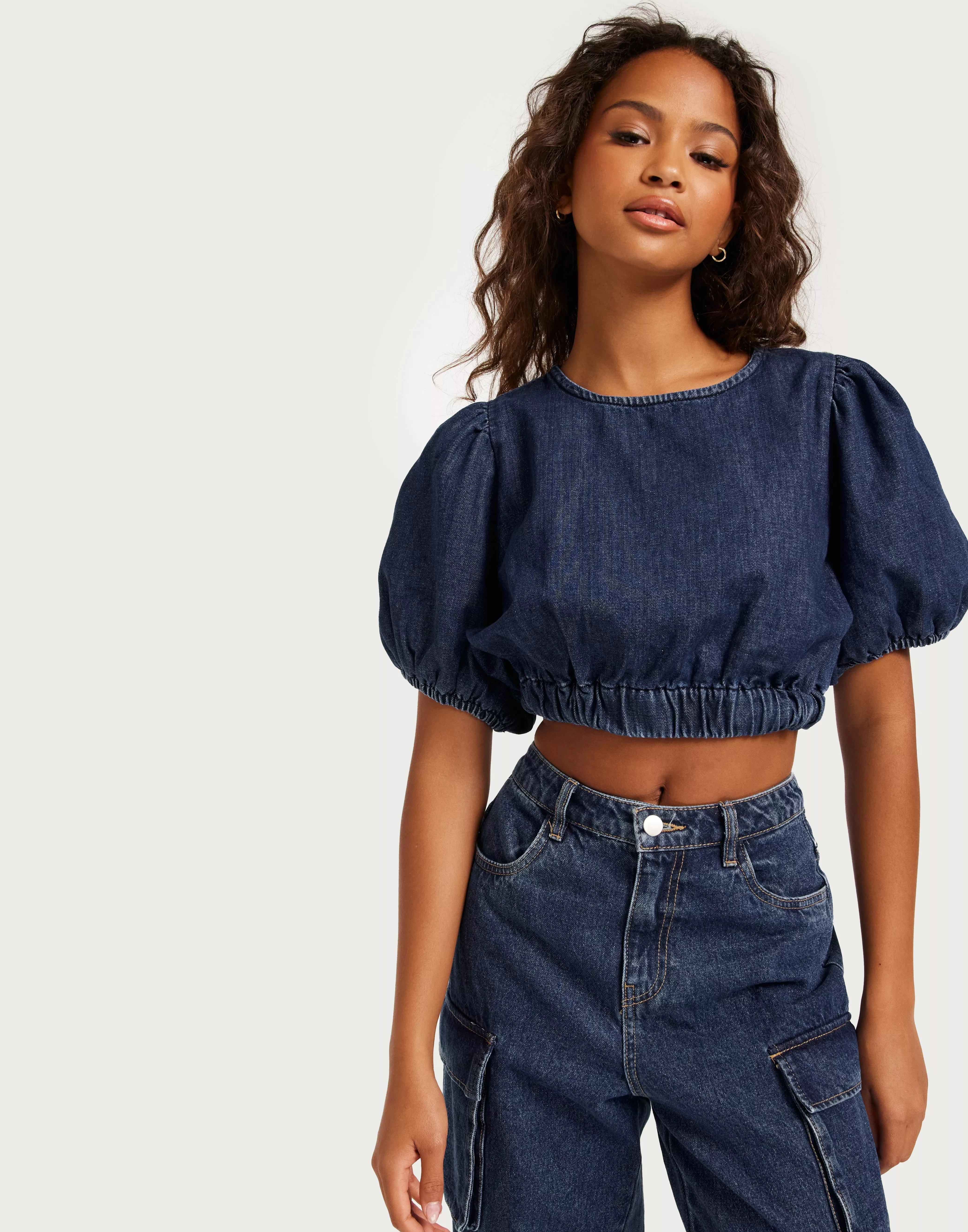 Denim crop discount top puff sleeve