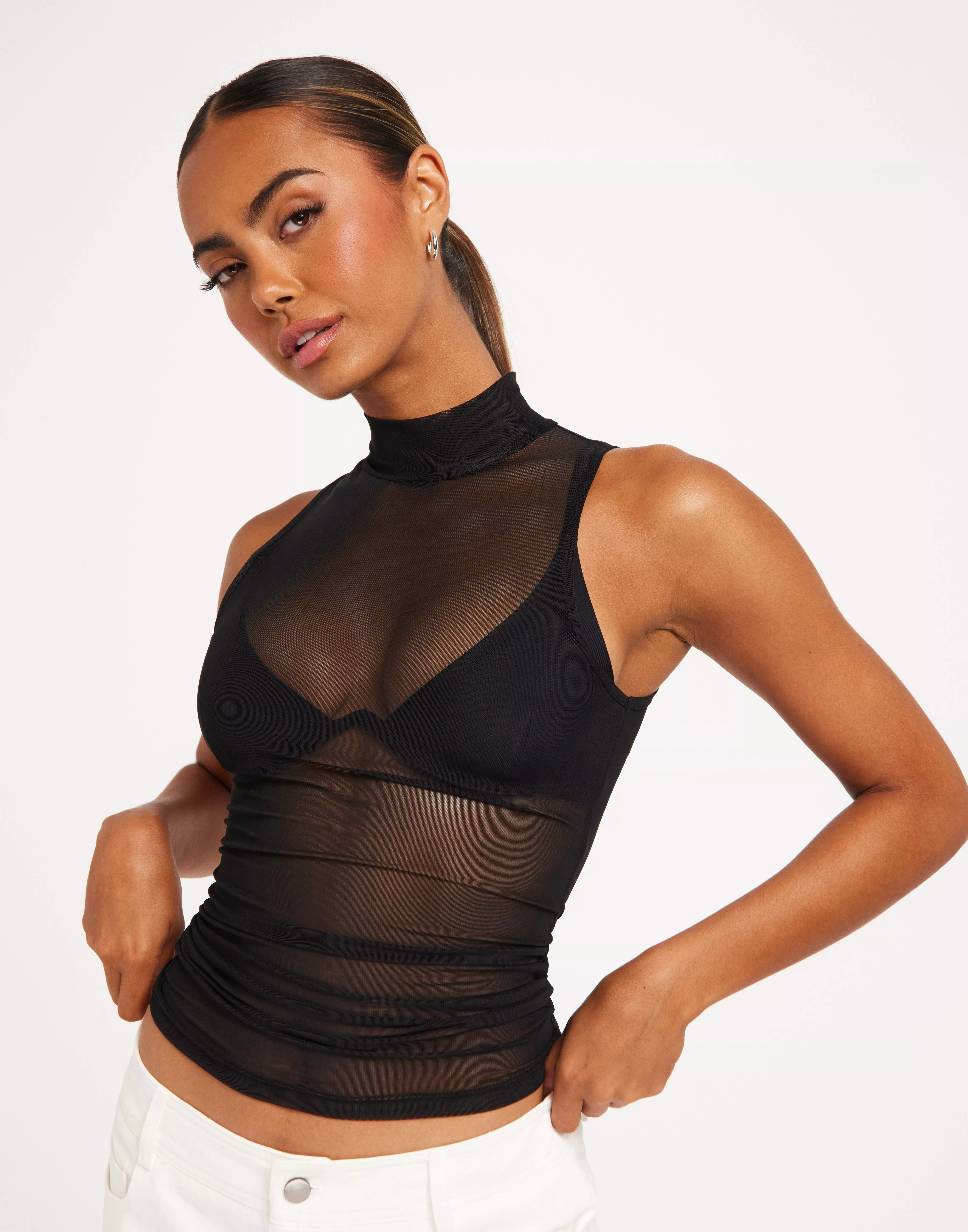 Sleeveless Mesh Turtleneck Top