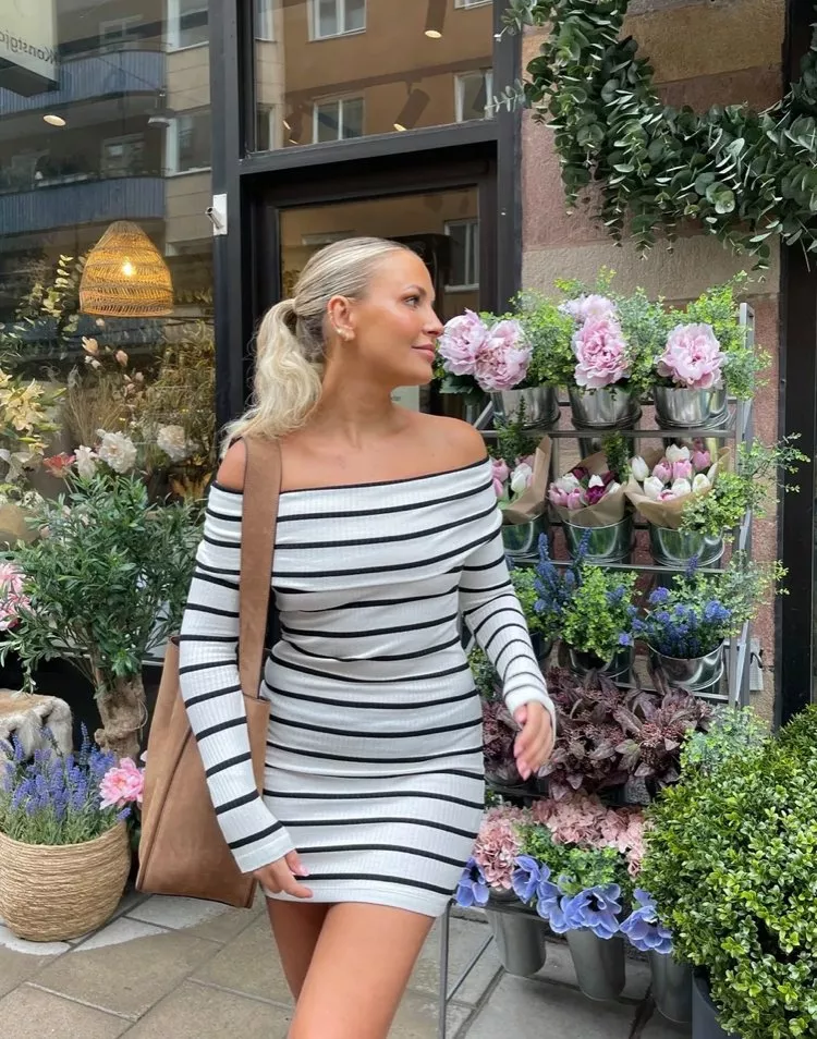 Black and white striped outlet dress off the shoulder