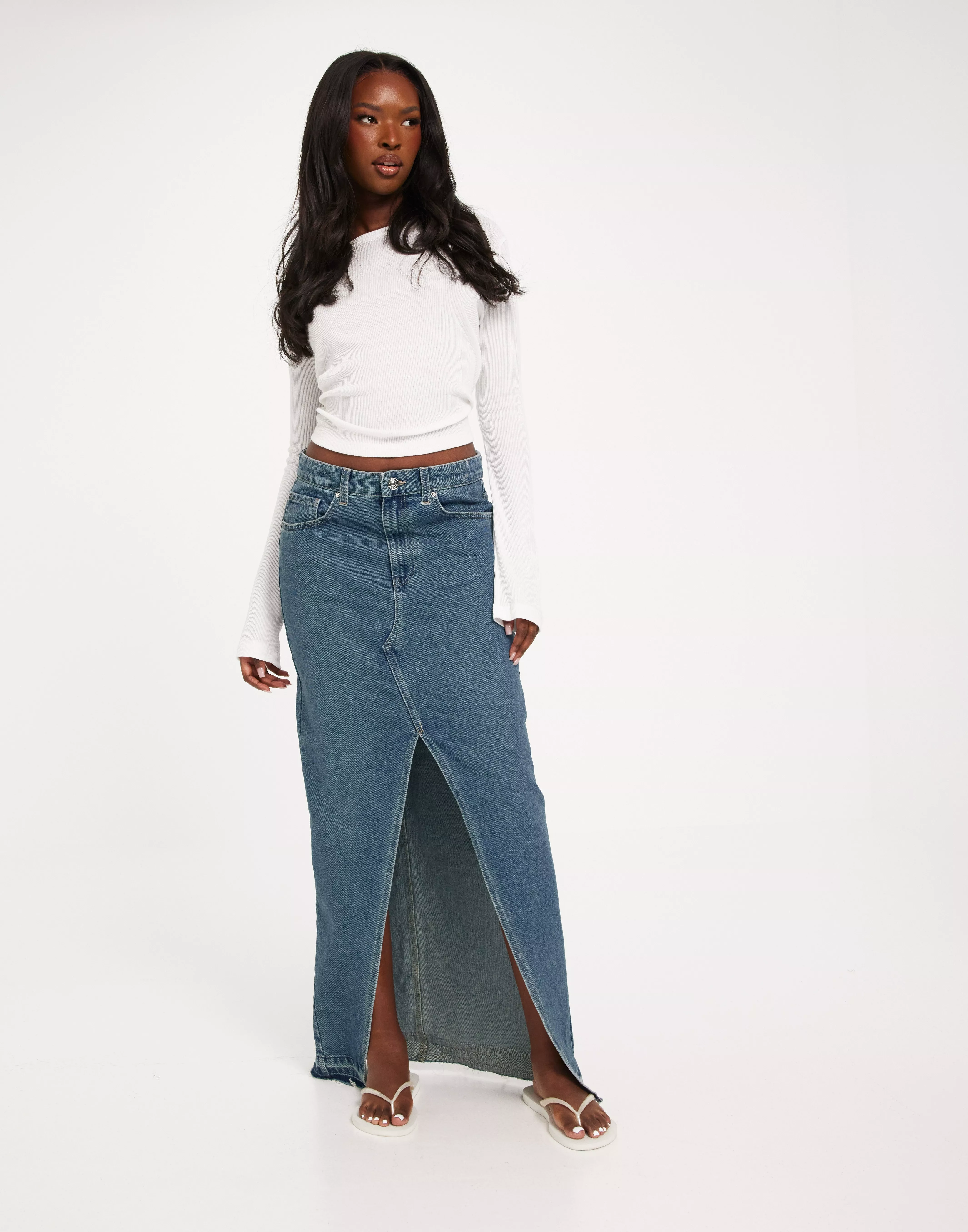 Long denim skirt with front outlet split