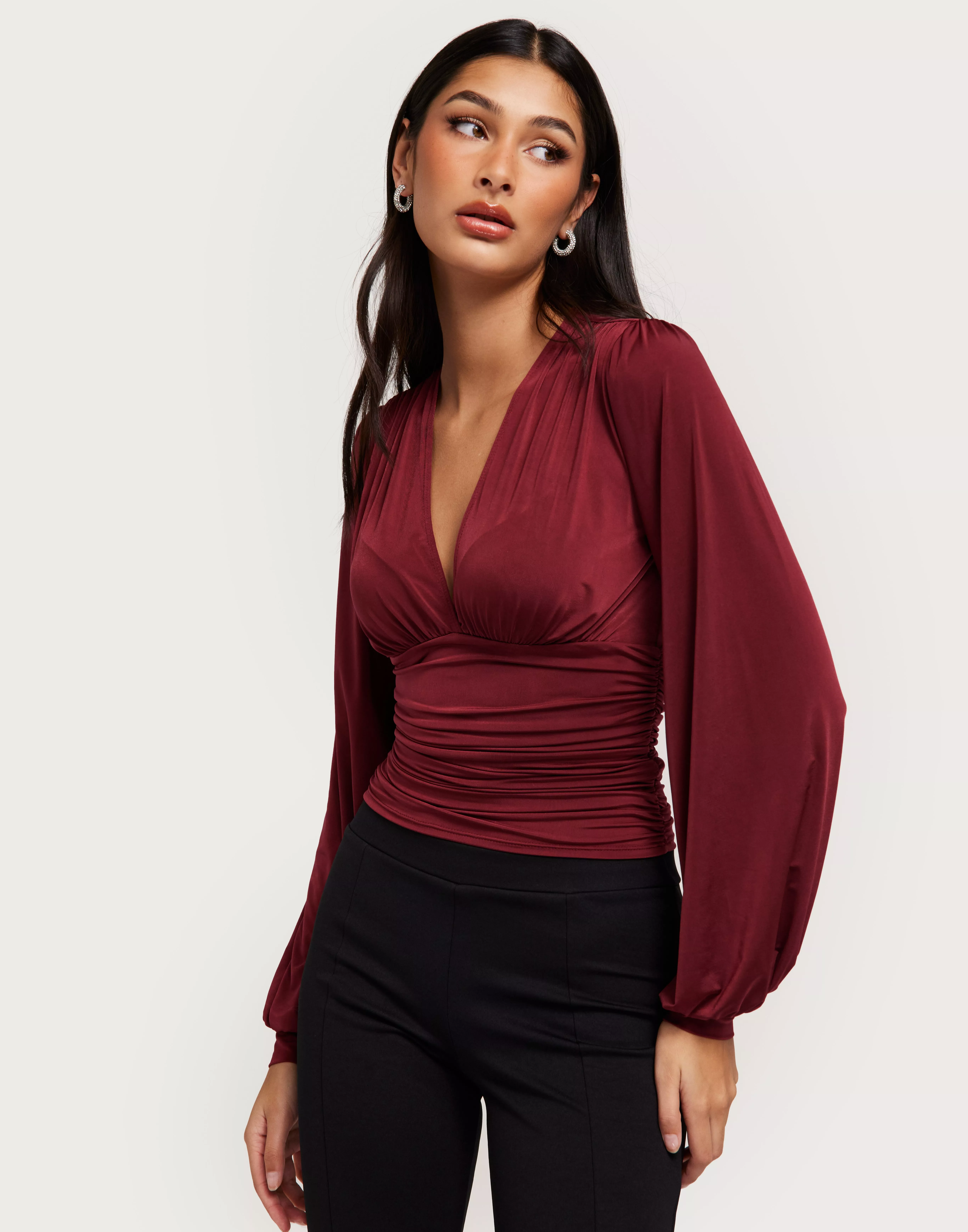 Buy Nelly Plunge LS Top - Burgundy