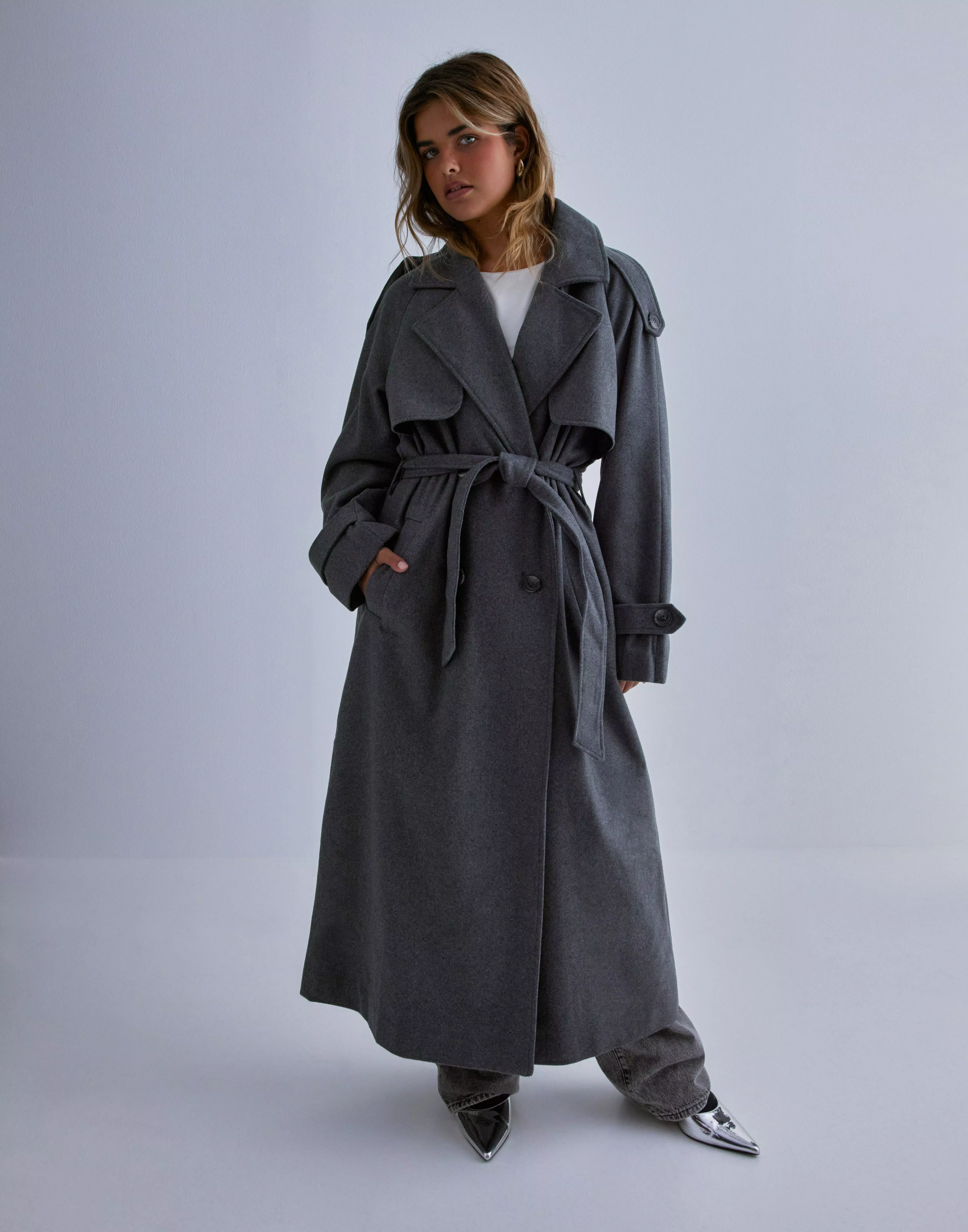 Buy Only ONLMAISY X-LONG WOOL TRENCHCOA Melange Smoke - Grey Dark LIFE Rose Lining