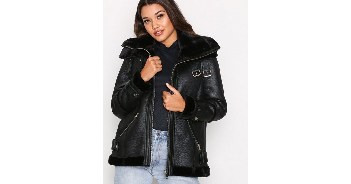 Petite Black Faux Leather Aviator Jacket