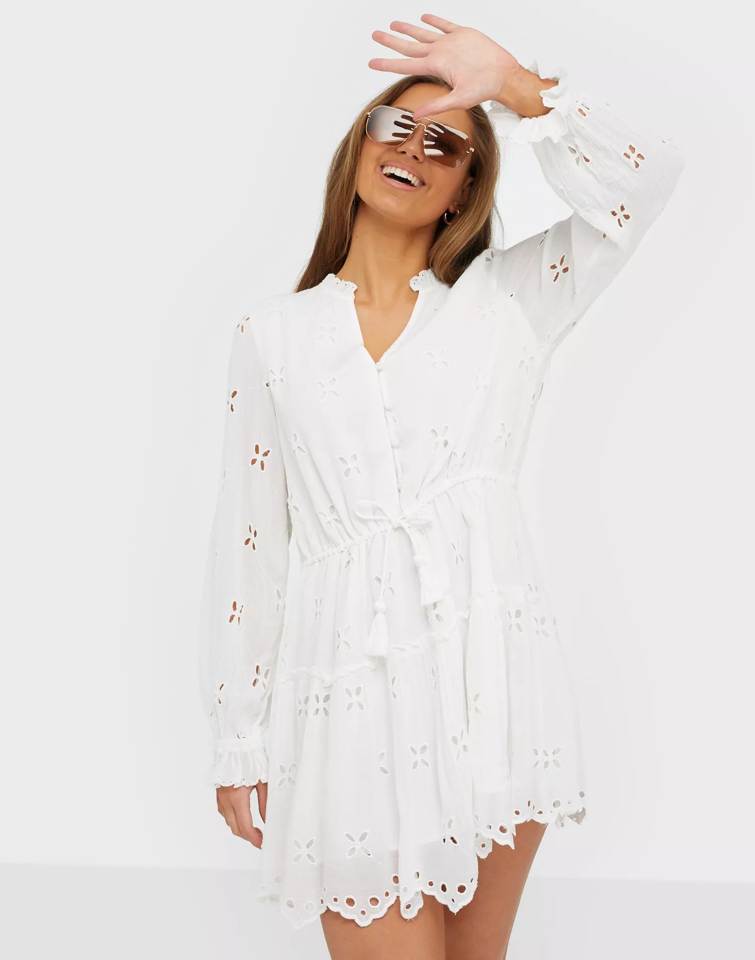 River island long sleeve broderie lace shirt store dress in white