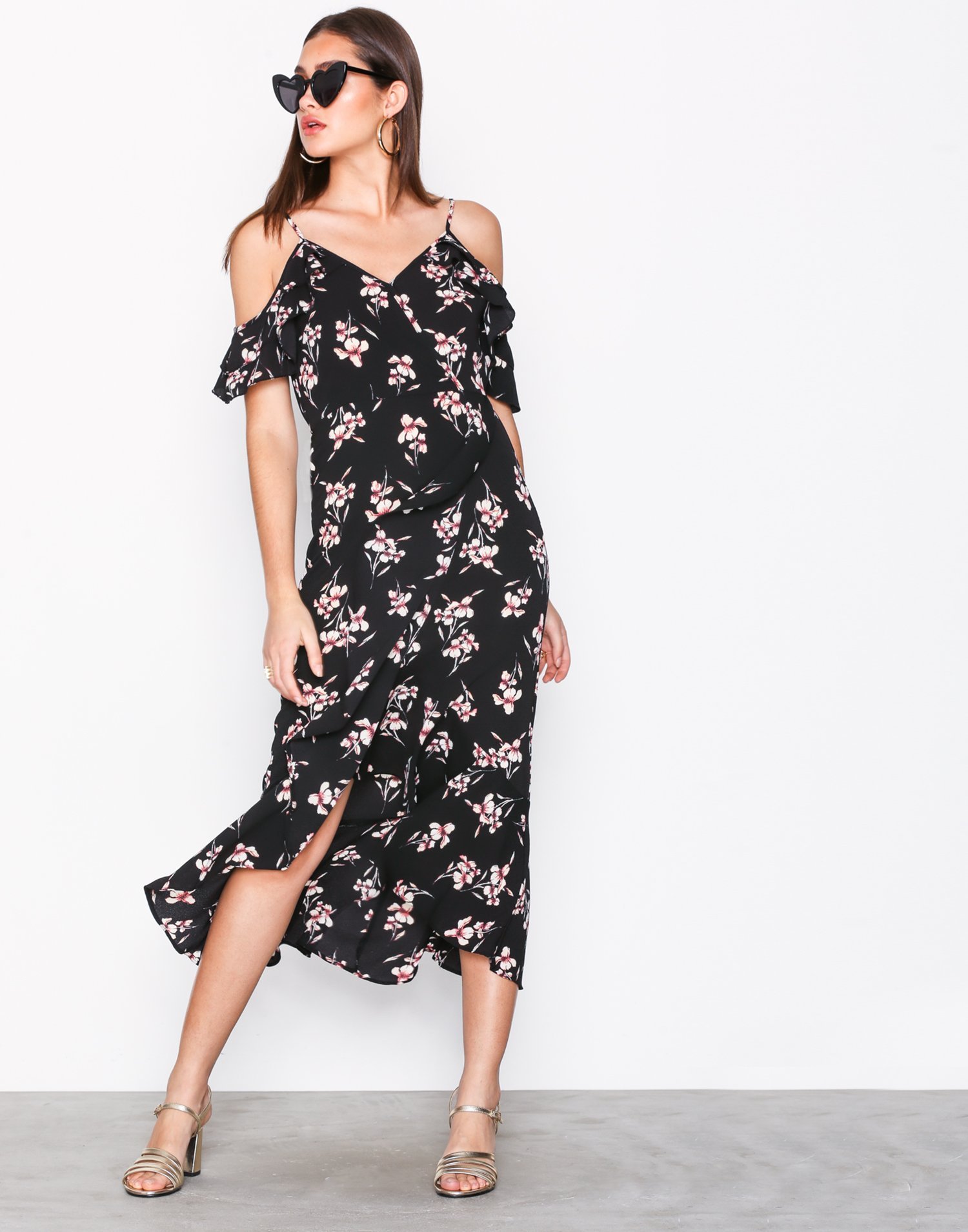 Wrap Front Cold Shoulder Midi Dress
