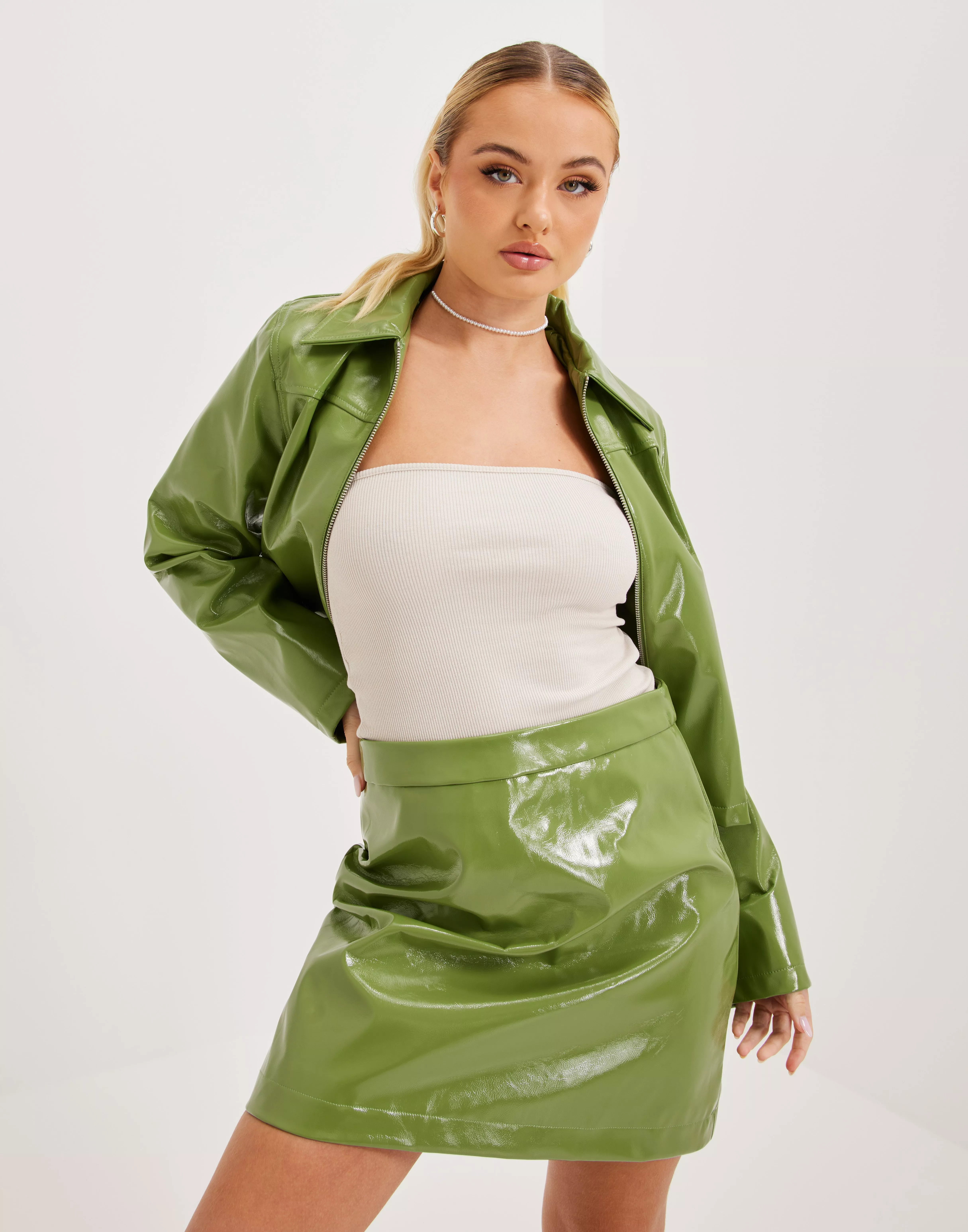 Green vinyl mini skirt sale