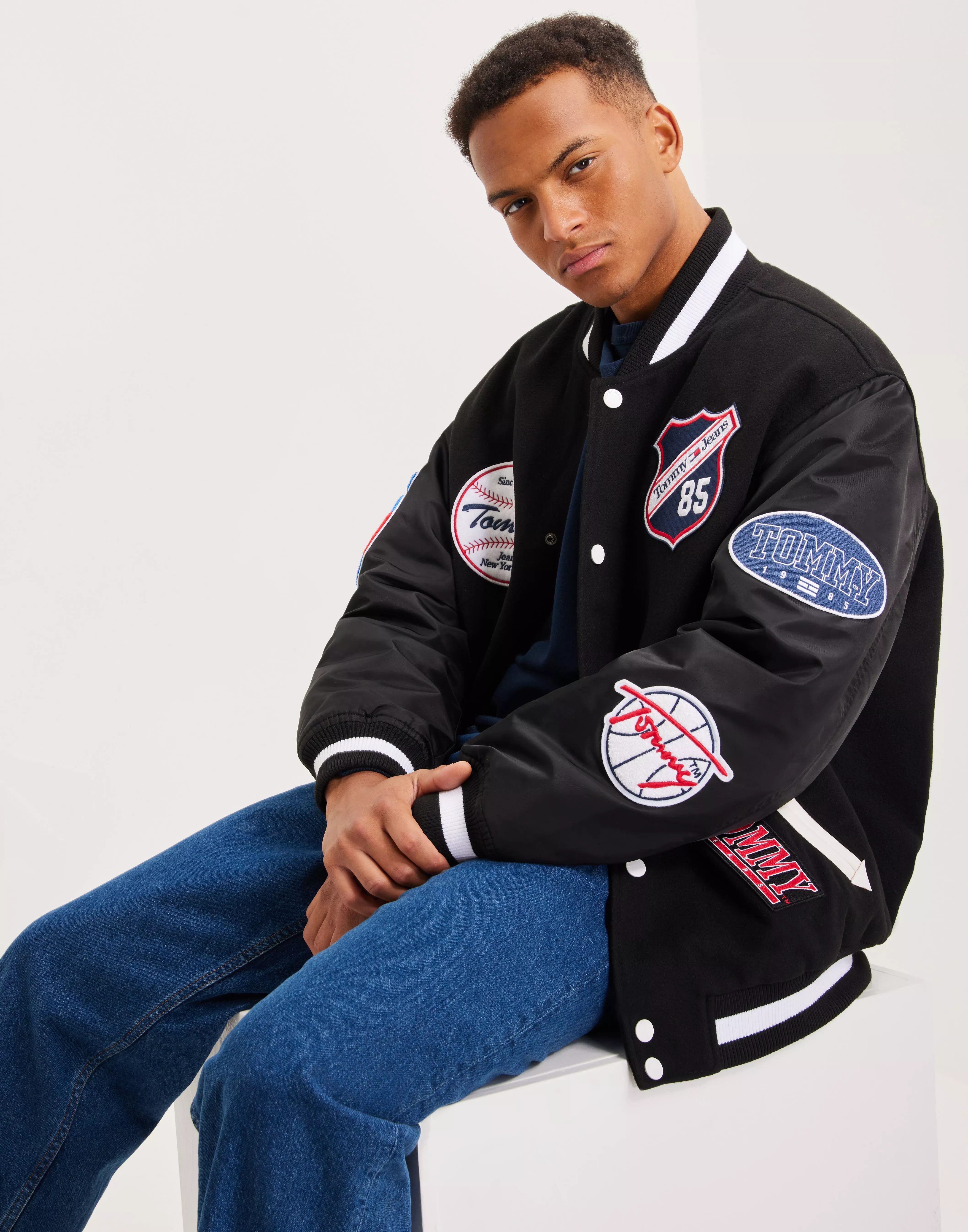 Boxy Pu Tonal Badge Varsity Jacket