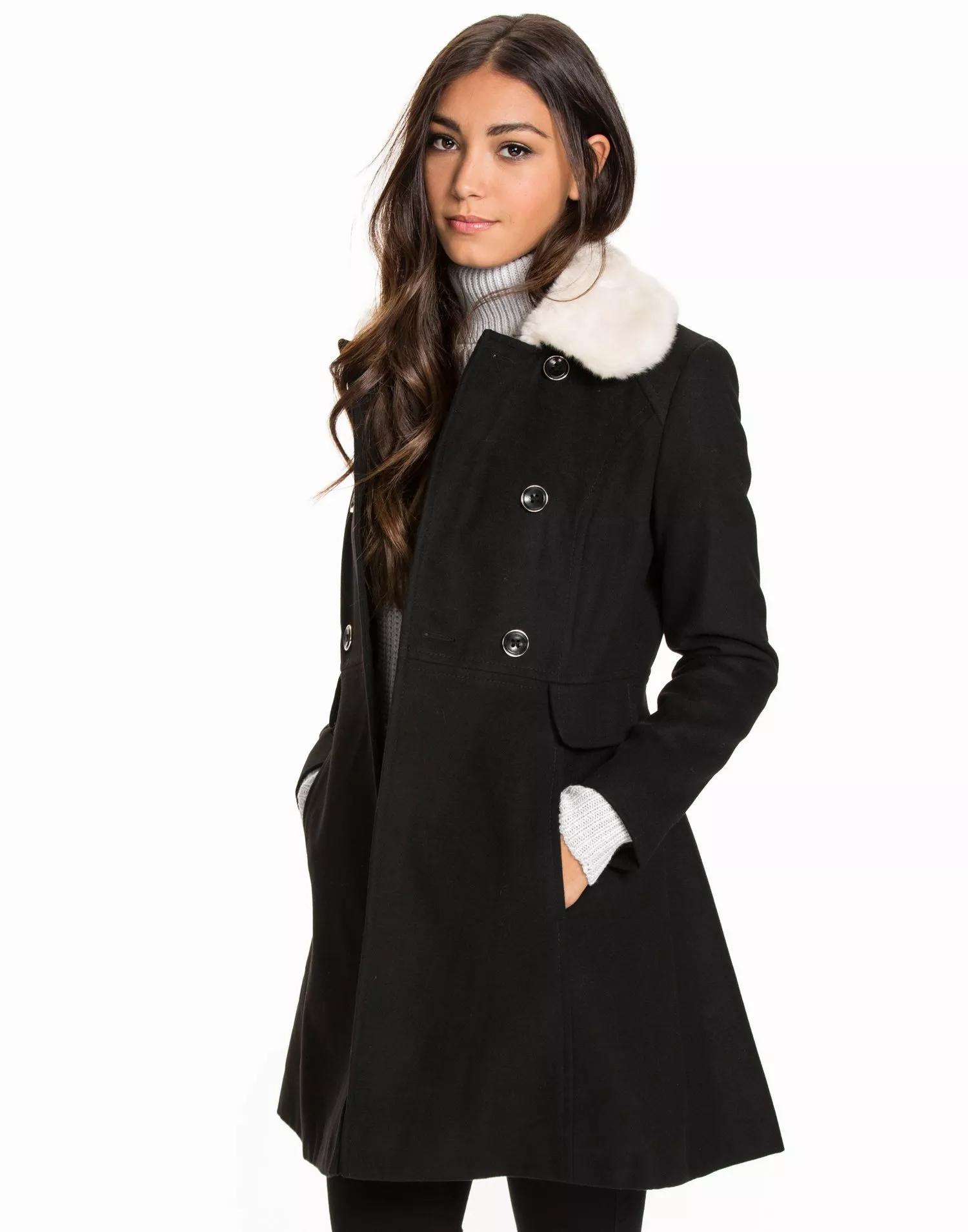 Buy Miss Selfridge Faux Fur Collar Button Coat - Black 