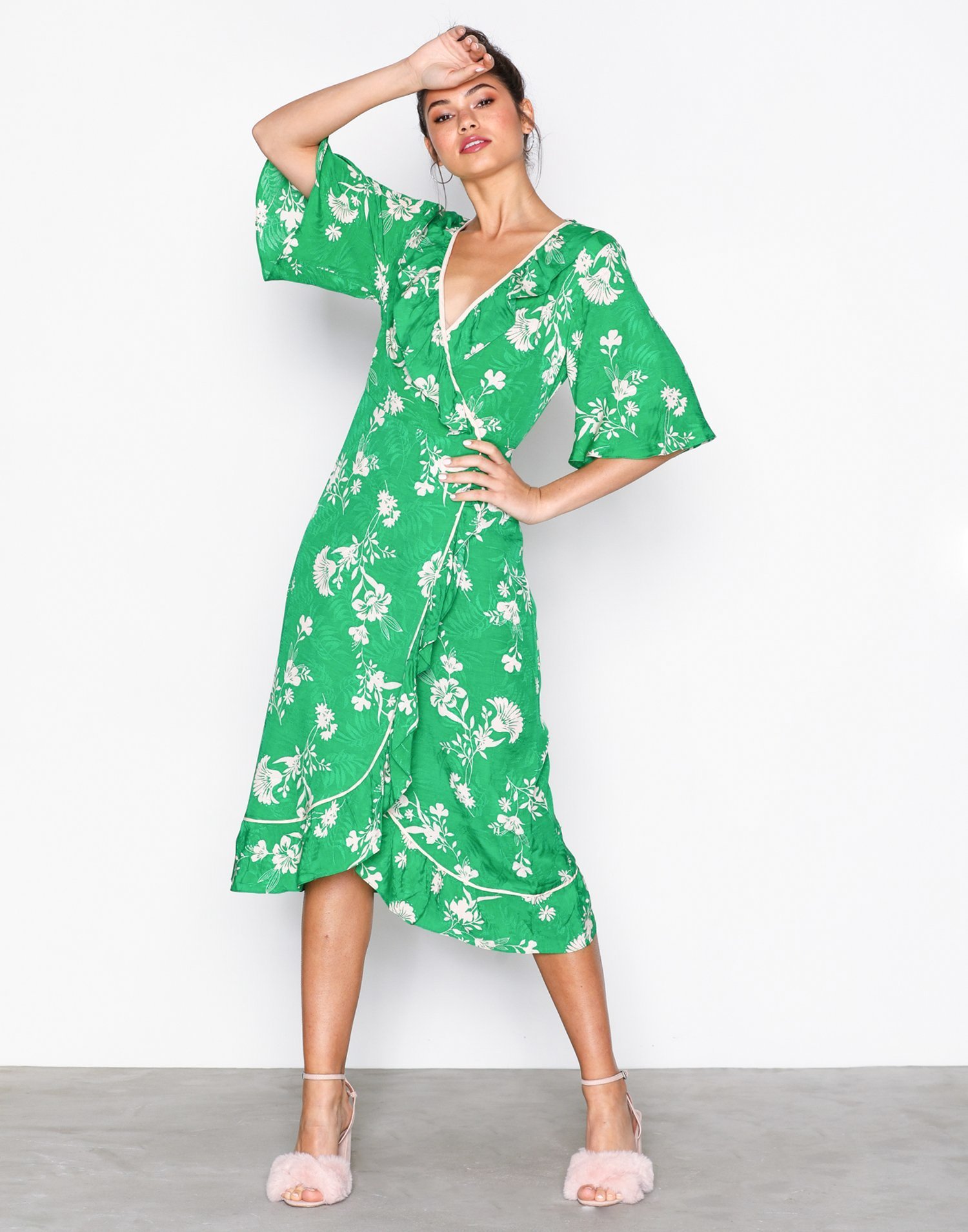 Leaf Print Ruffle Wrap Dress