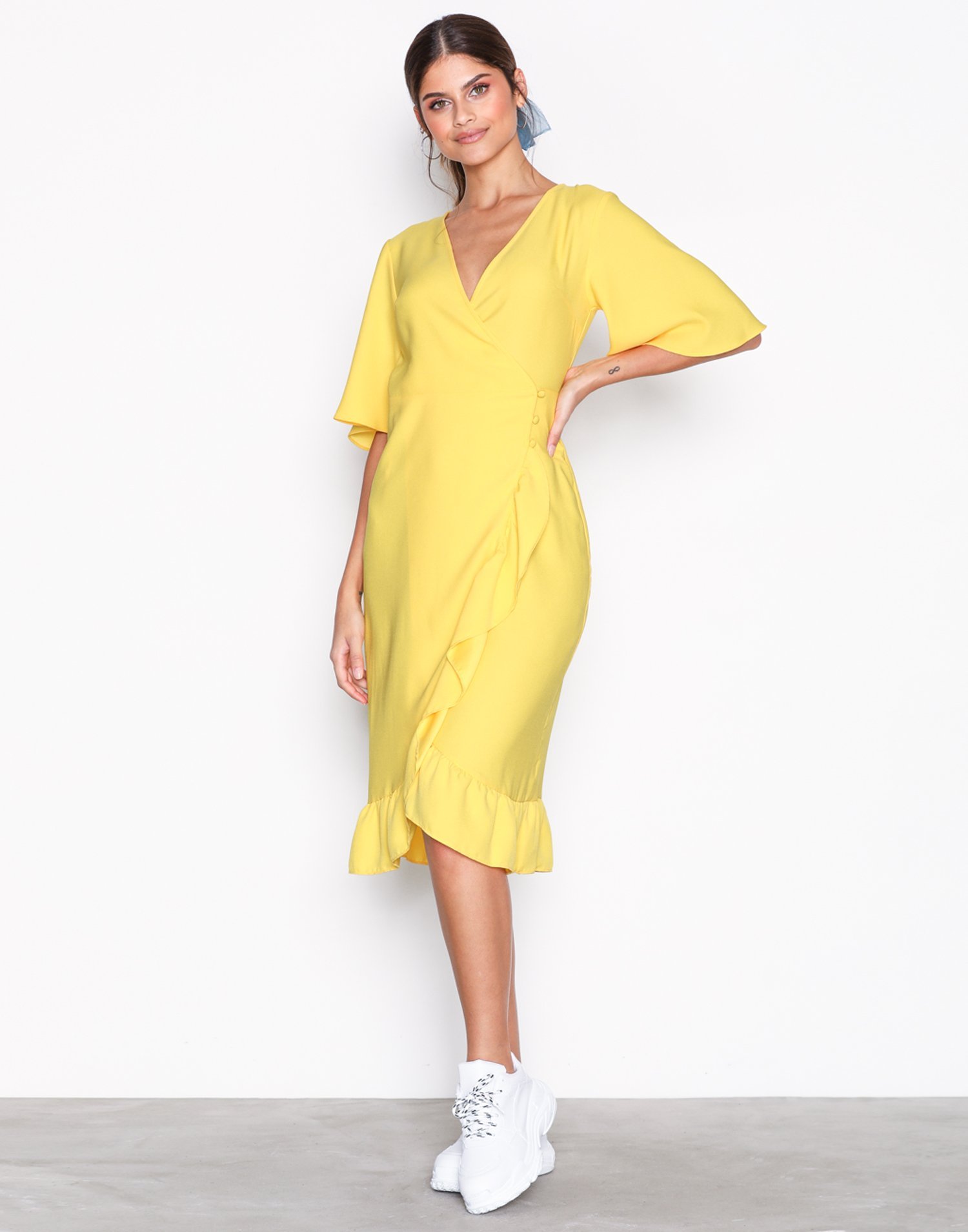 Crepe Ruffle Midi Wrap Dress