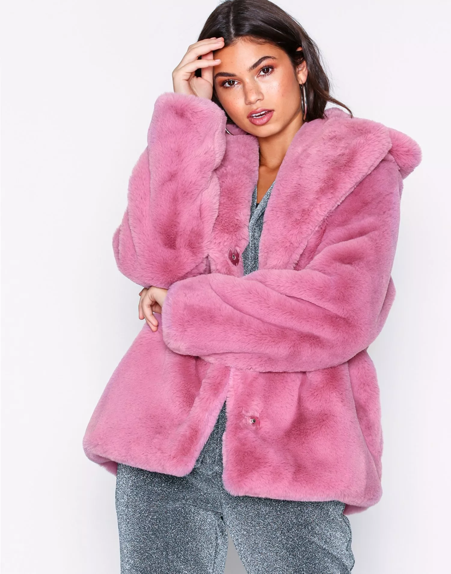 Pink fur deals coat with hood