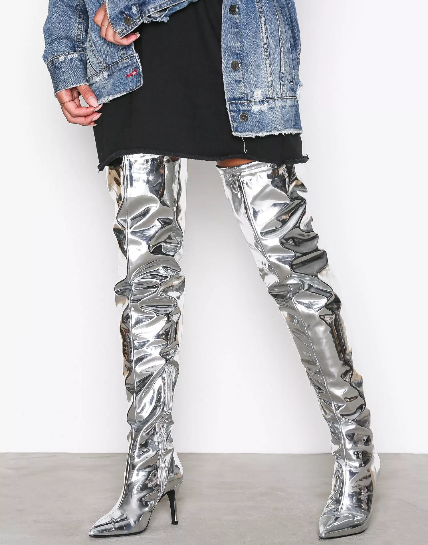 Thigh high hot sale boots silver