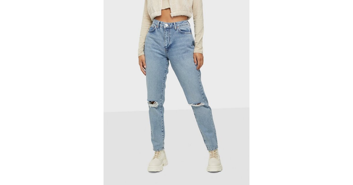 Bleach wash double rip mom store tapered jeans