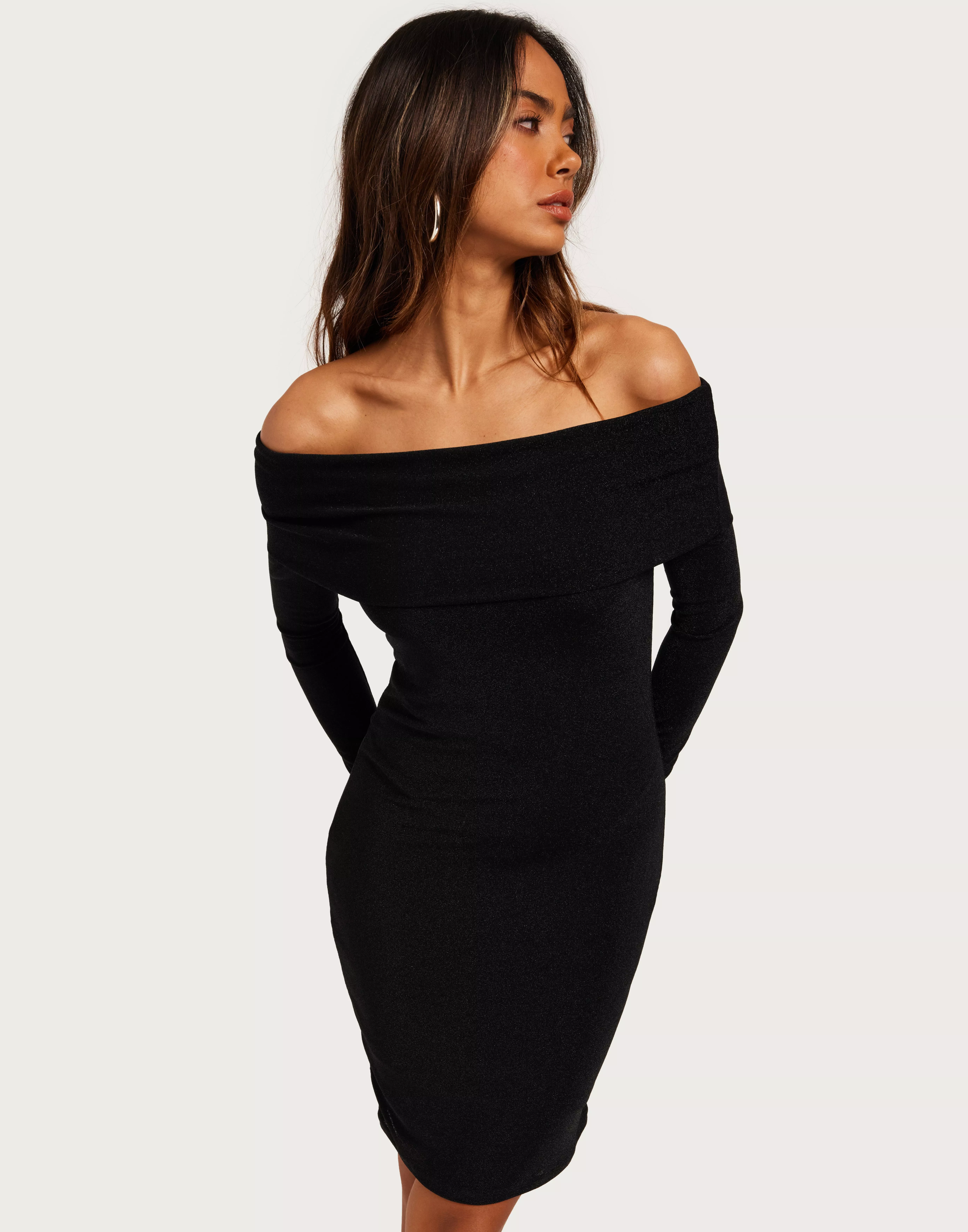 Black glitter off store the shoulder dress