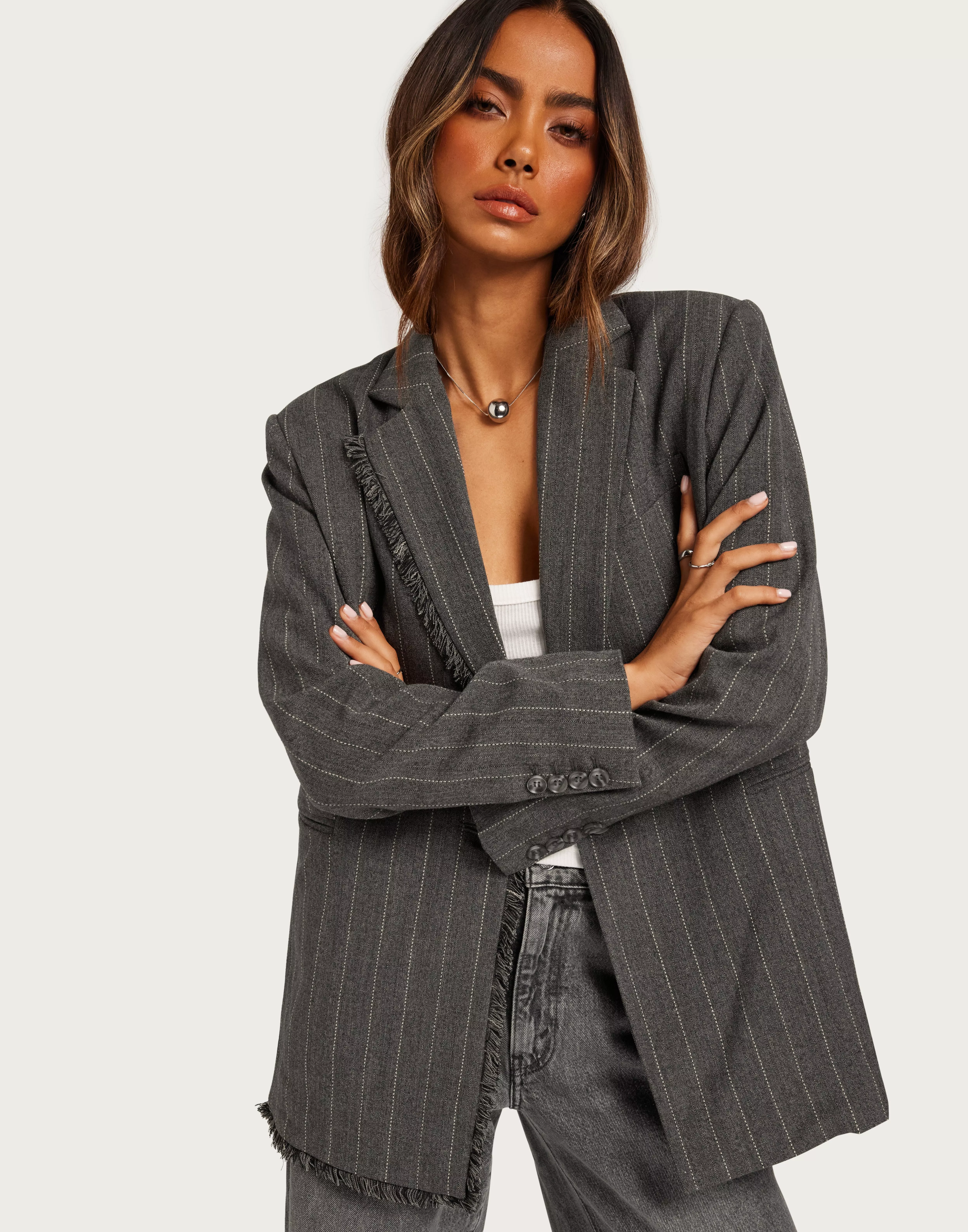 Buy By Malina Ariana tailored fringe blazer Grey Pinstripe