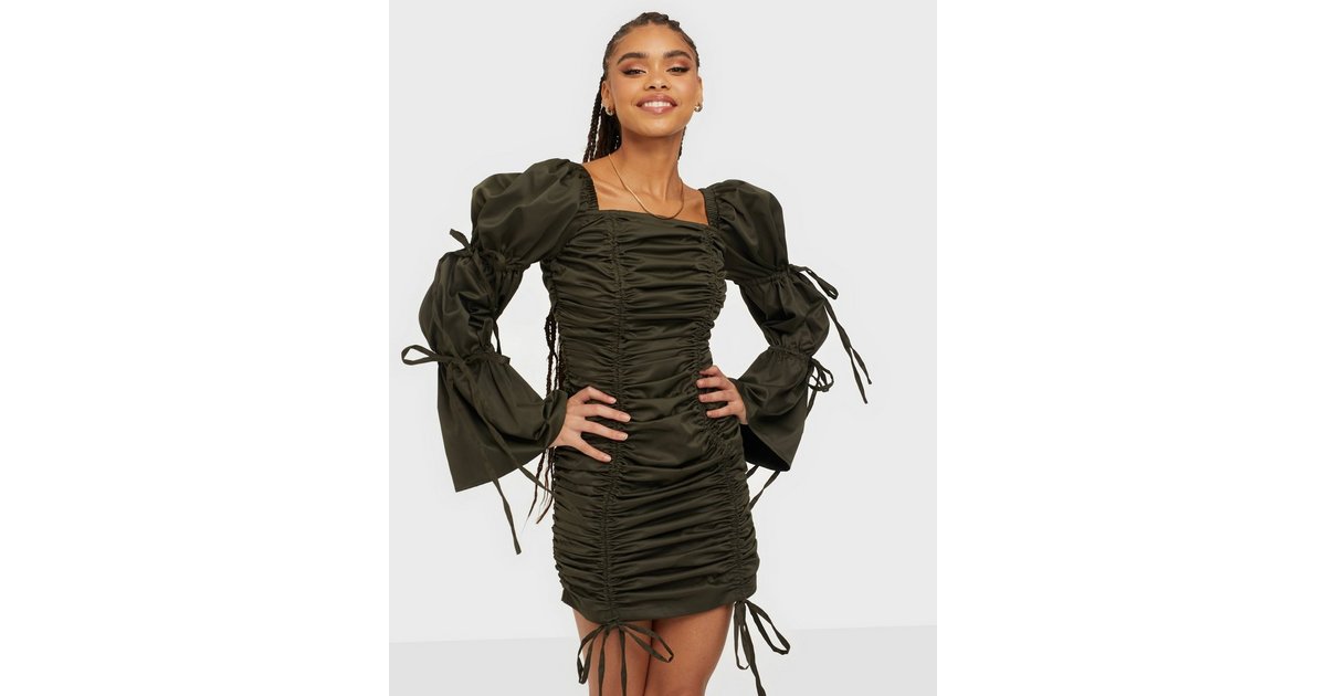 Buy Rare London Drawstring Ruch Statement Sleeve Dress - Khaki | Nelly.com