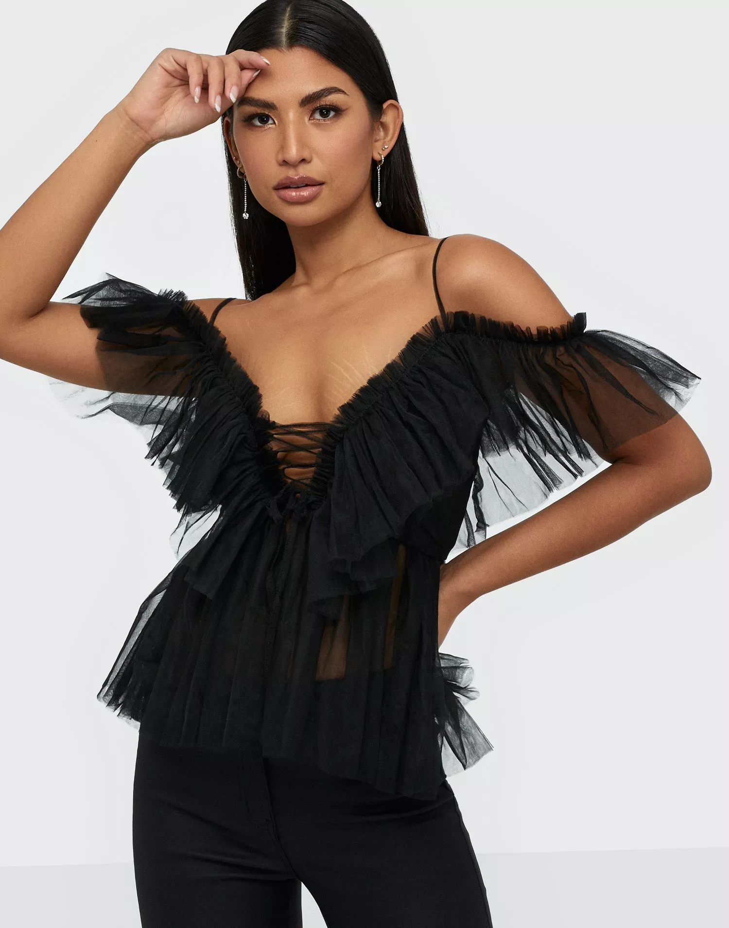 Buy Parisian Sheer Mesh Cold Shoulder Ruffle Top - Black