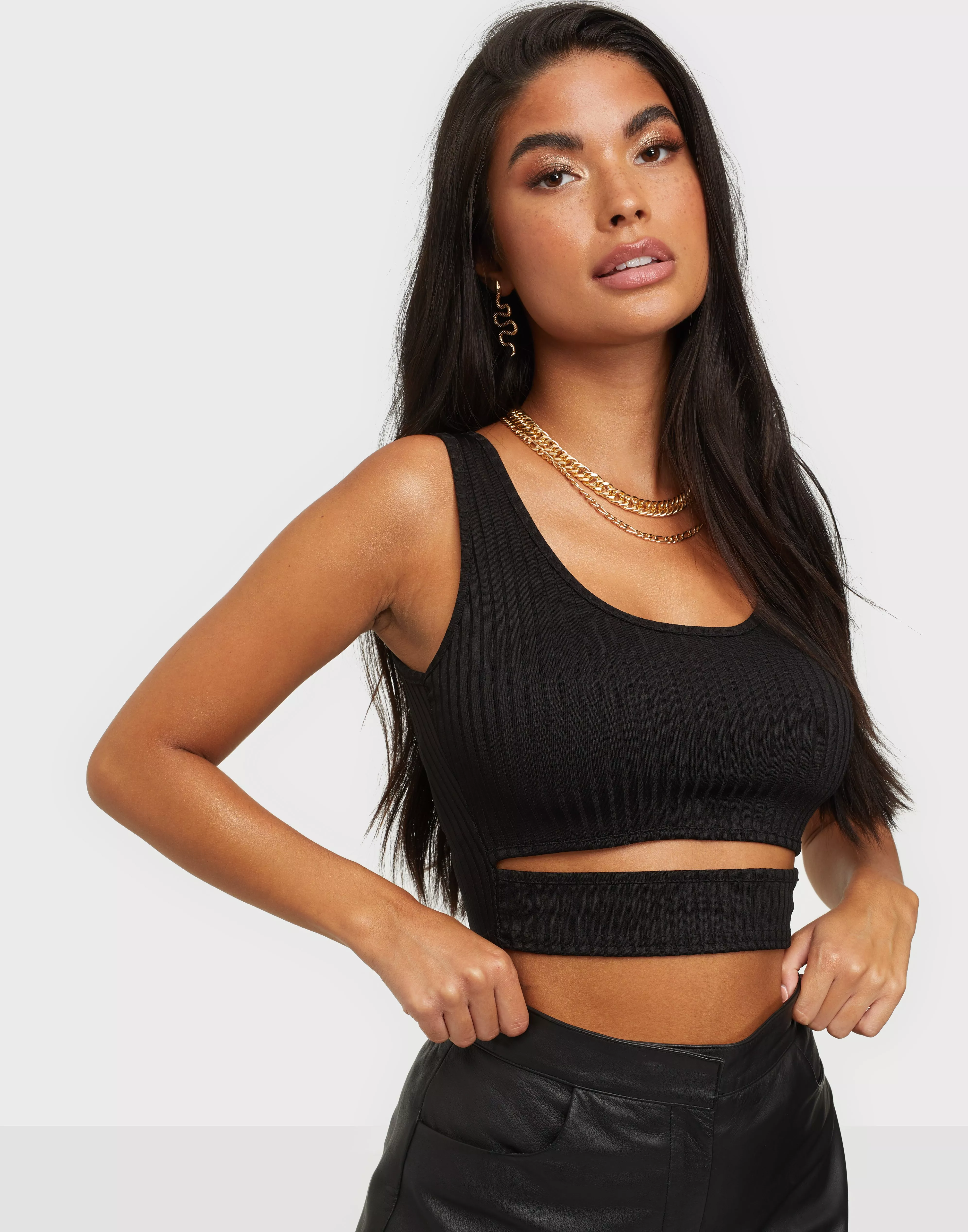 Clear Cut Black Ribbed Cutout Cropped Tank Top