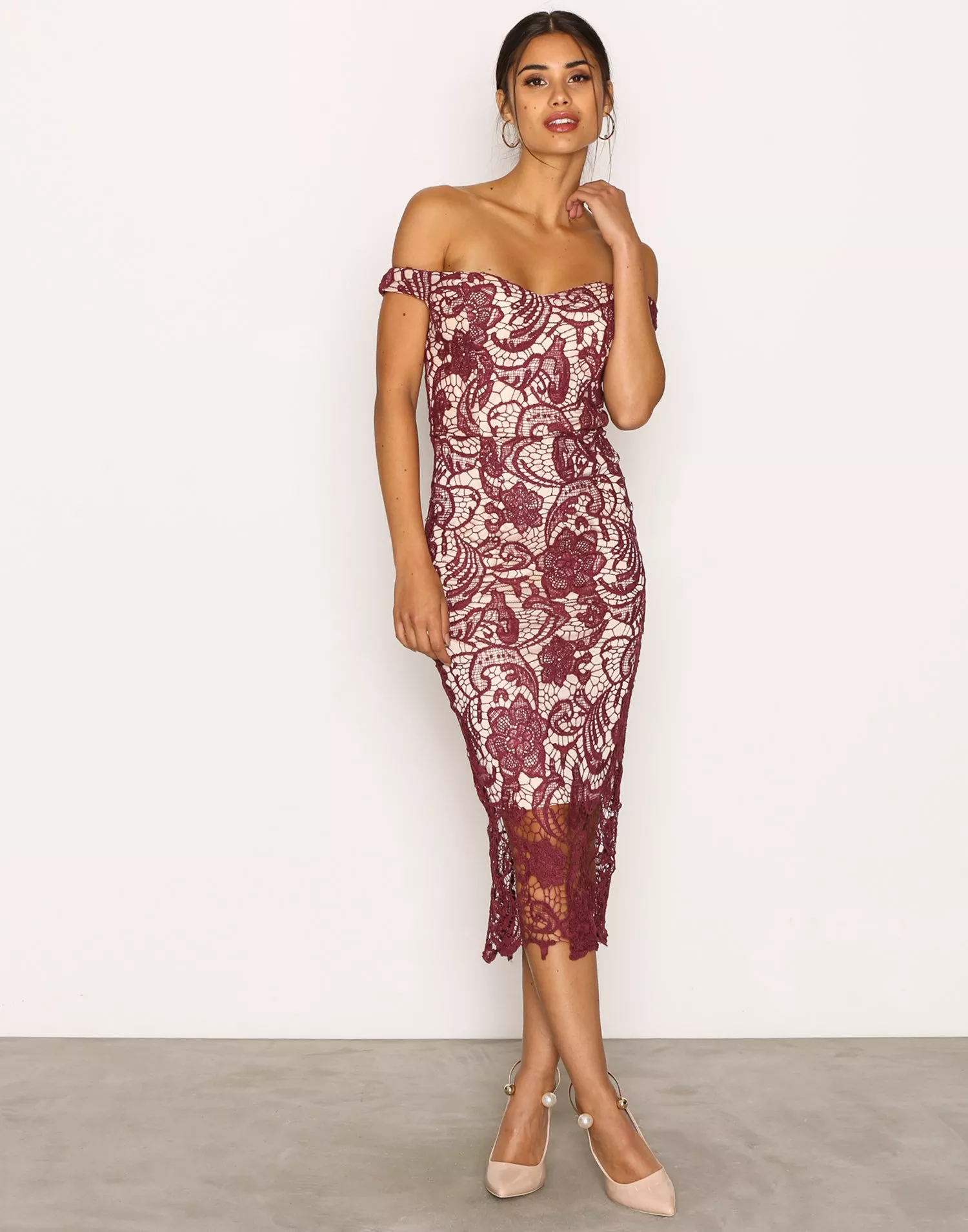 Buy Missguided Lace Bardot Midi Dress - Burgundy