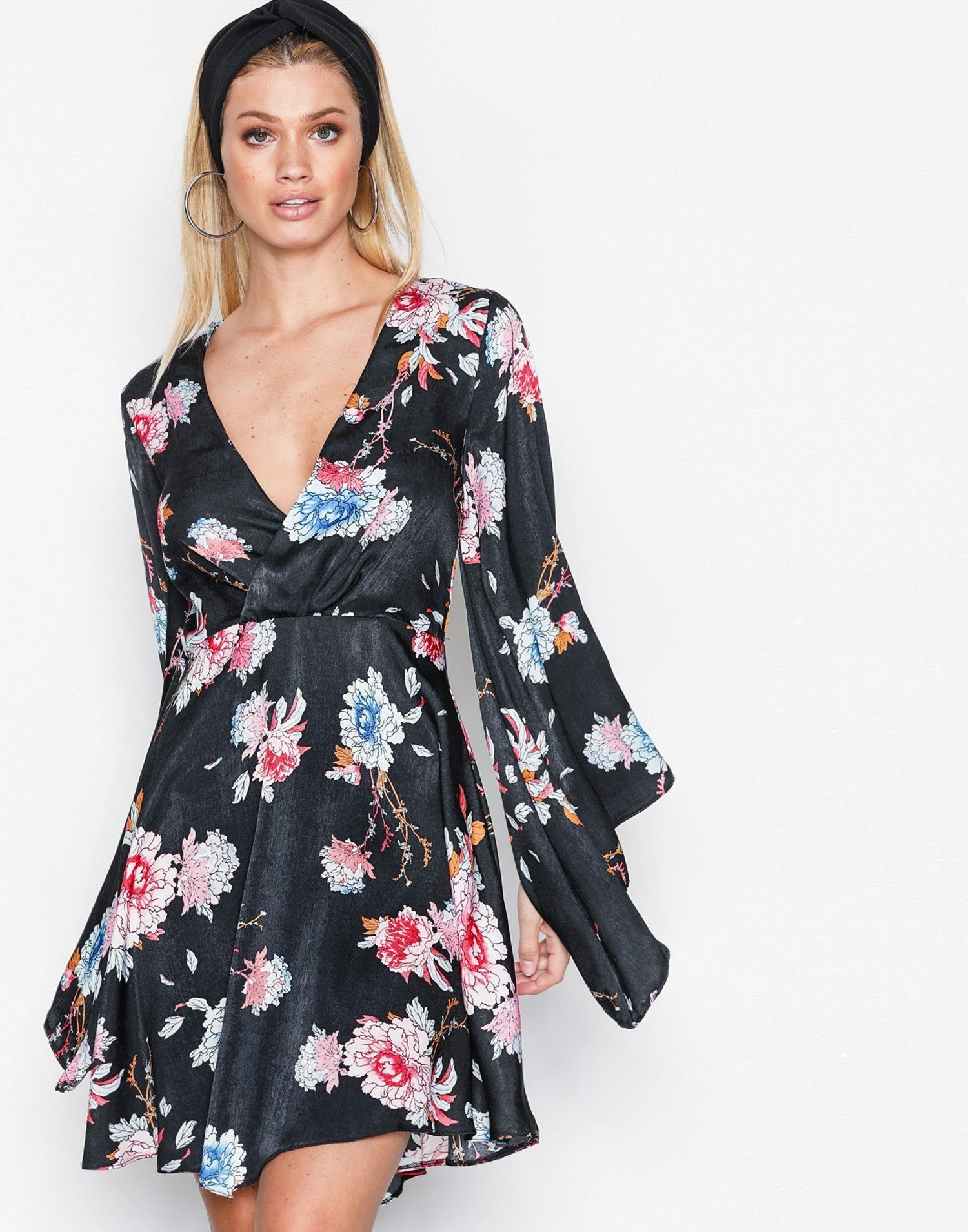 Plunge Flared Sleeve Skater Dress