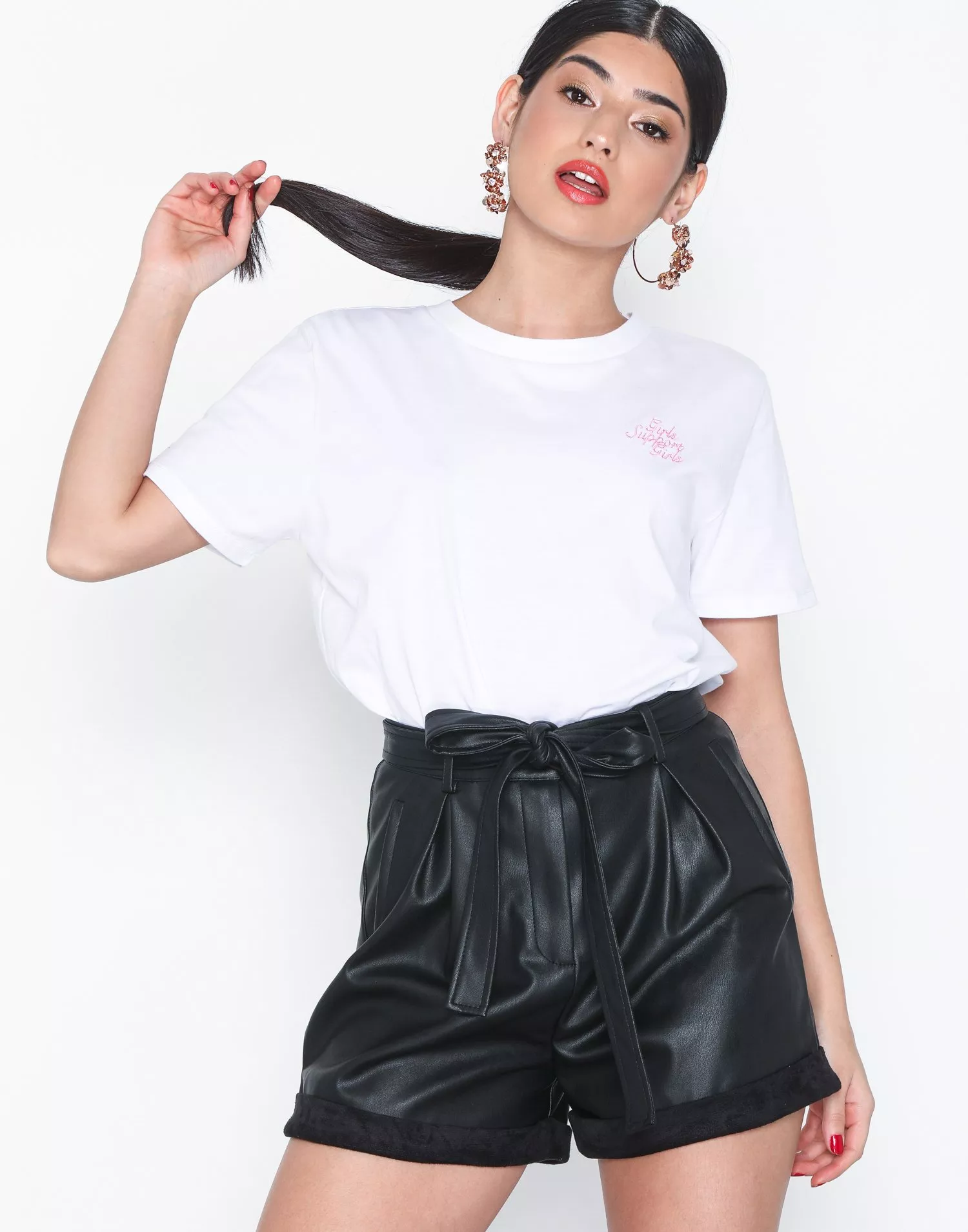 Missguided Faux Leather High Waisted Lace Trim Shorts Black, $45, Missguided