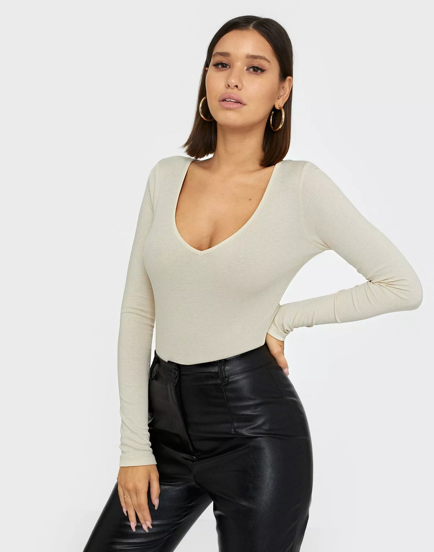 Nude Long Sleeved V Neck Bodysuit, Missguided