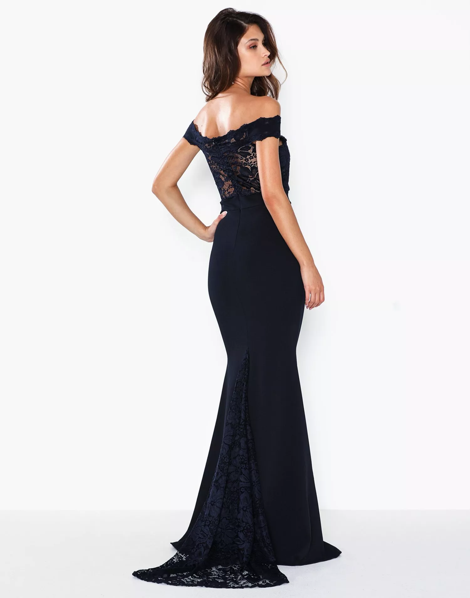 Bridesmaid navy bardot lace store insert fishtail maxi dress