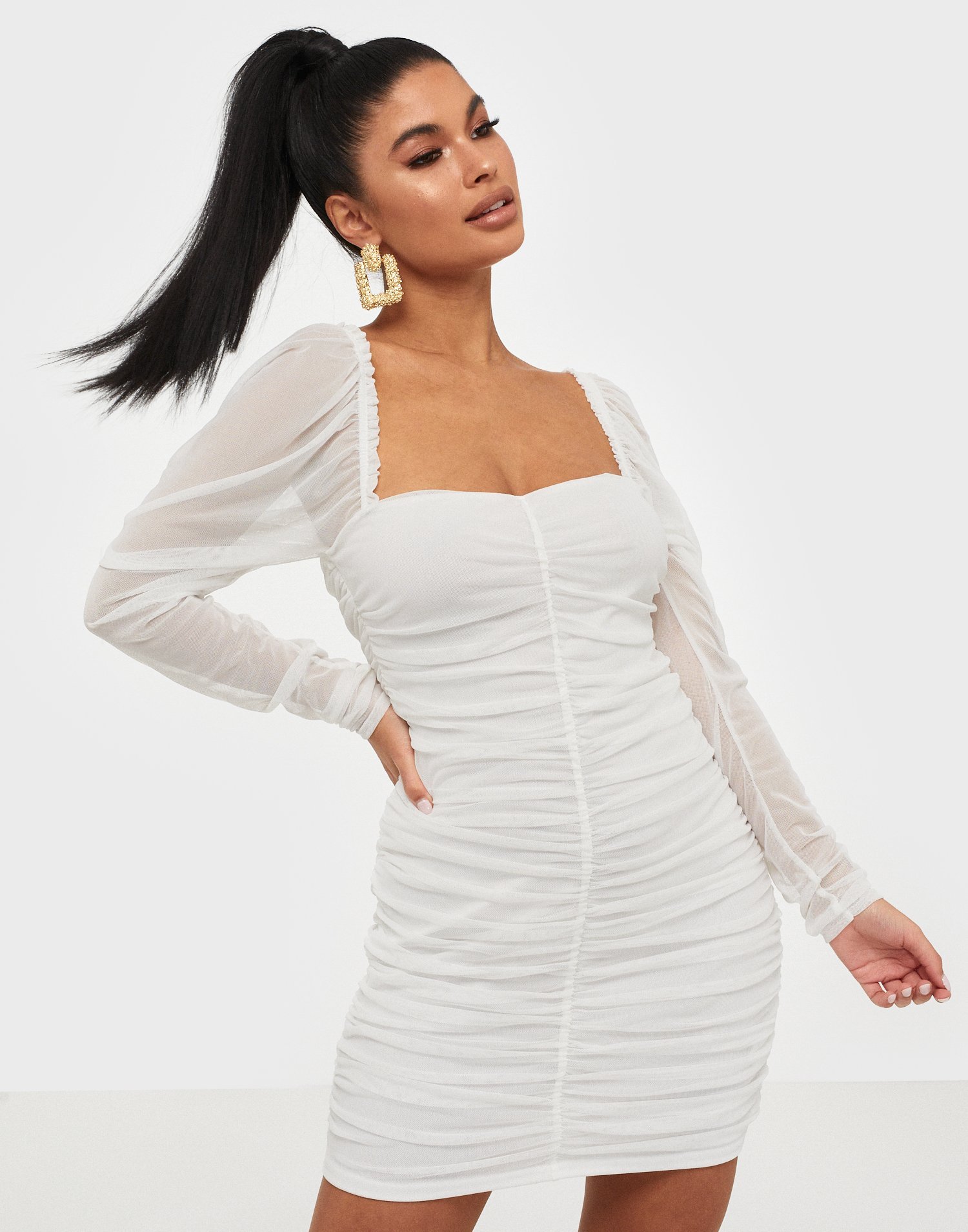 mesh ruched puff sleeve mini dress