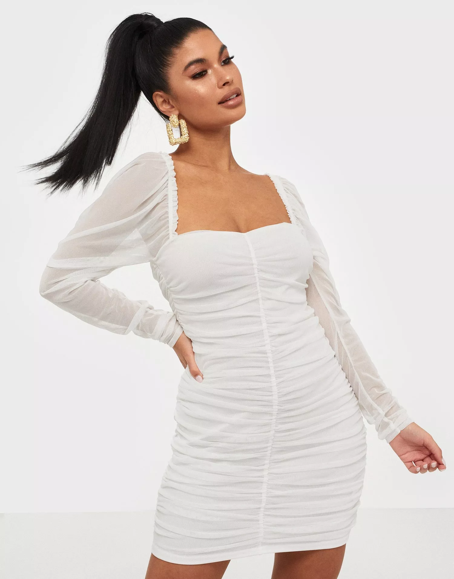 halvø Beskrive Utrolig Køb Missguided Mesh Ruched LS Mini Dress - Cream | Nelly.com