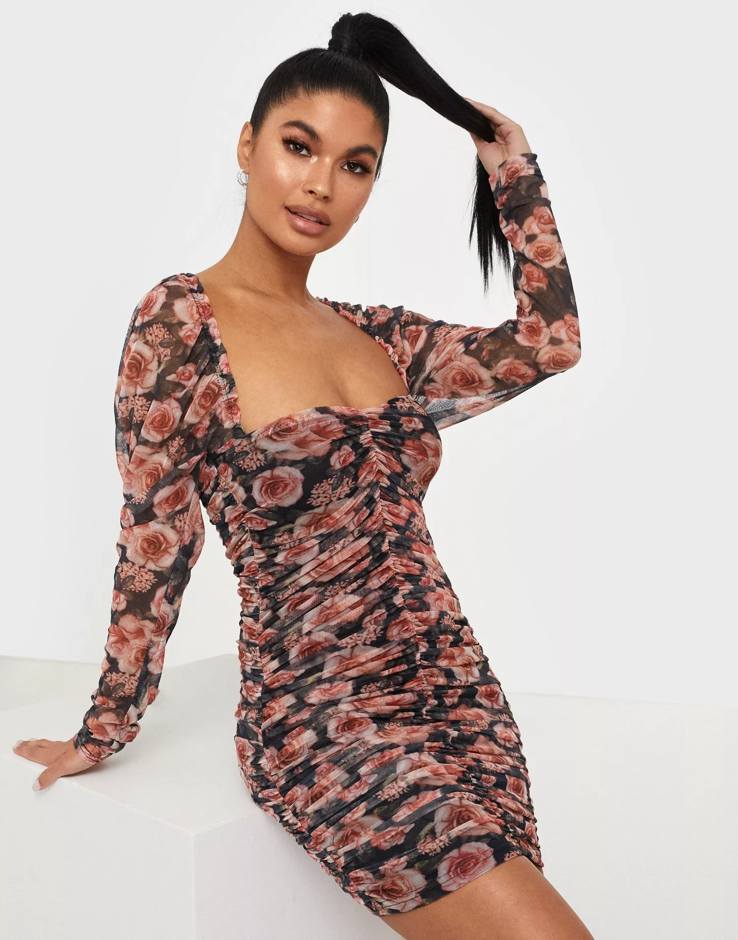 Buy Missguided Floral Ruched Mesh Long Sleeve Dress Pink Nelly