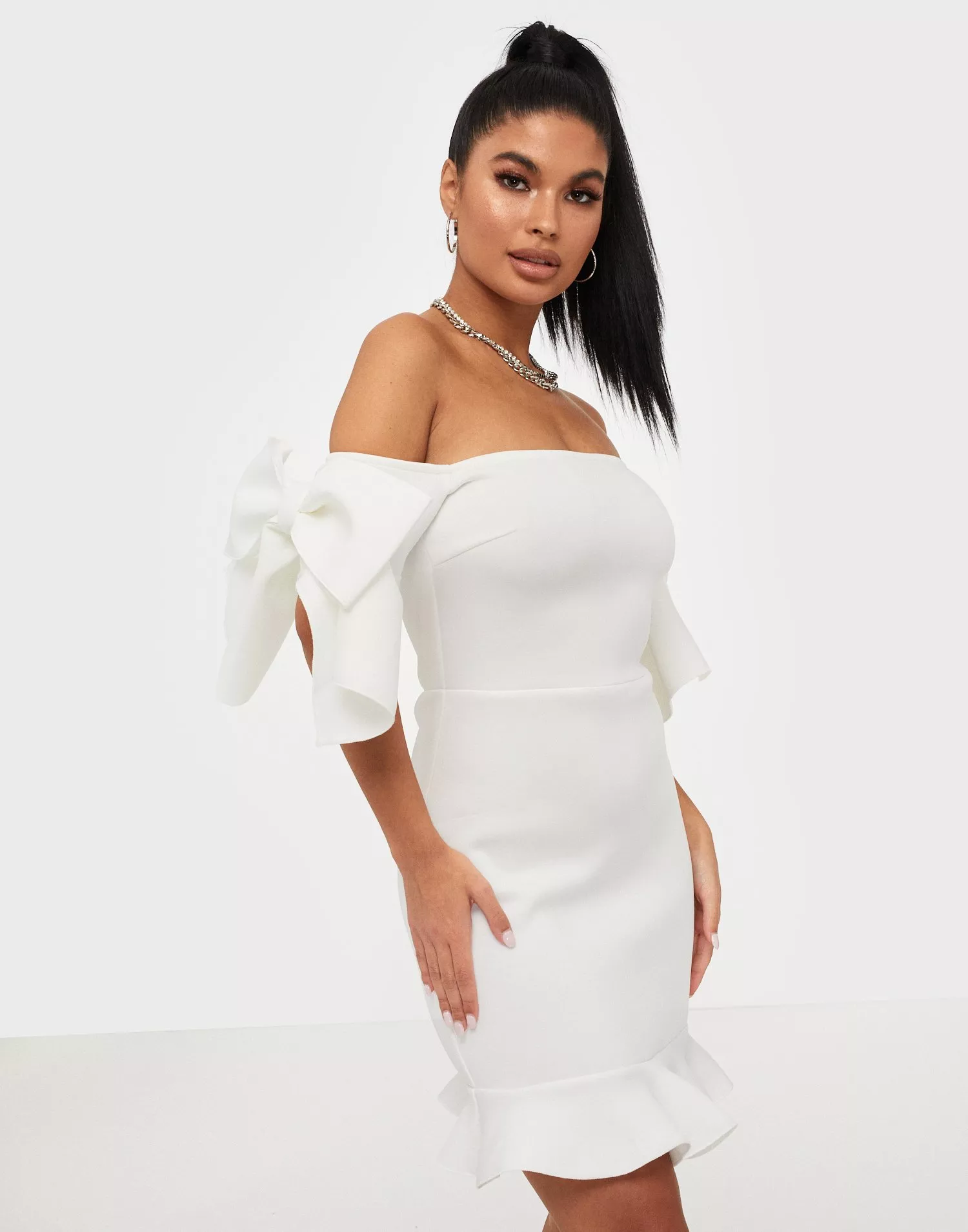 Missguided one shoulder clearance bow sleeve midi dress