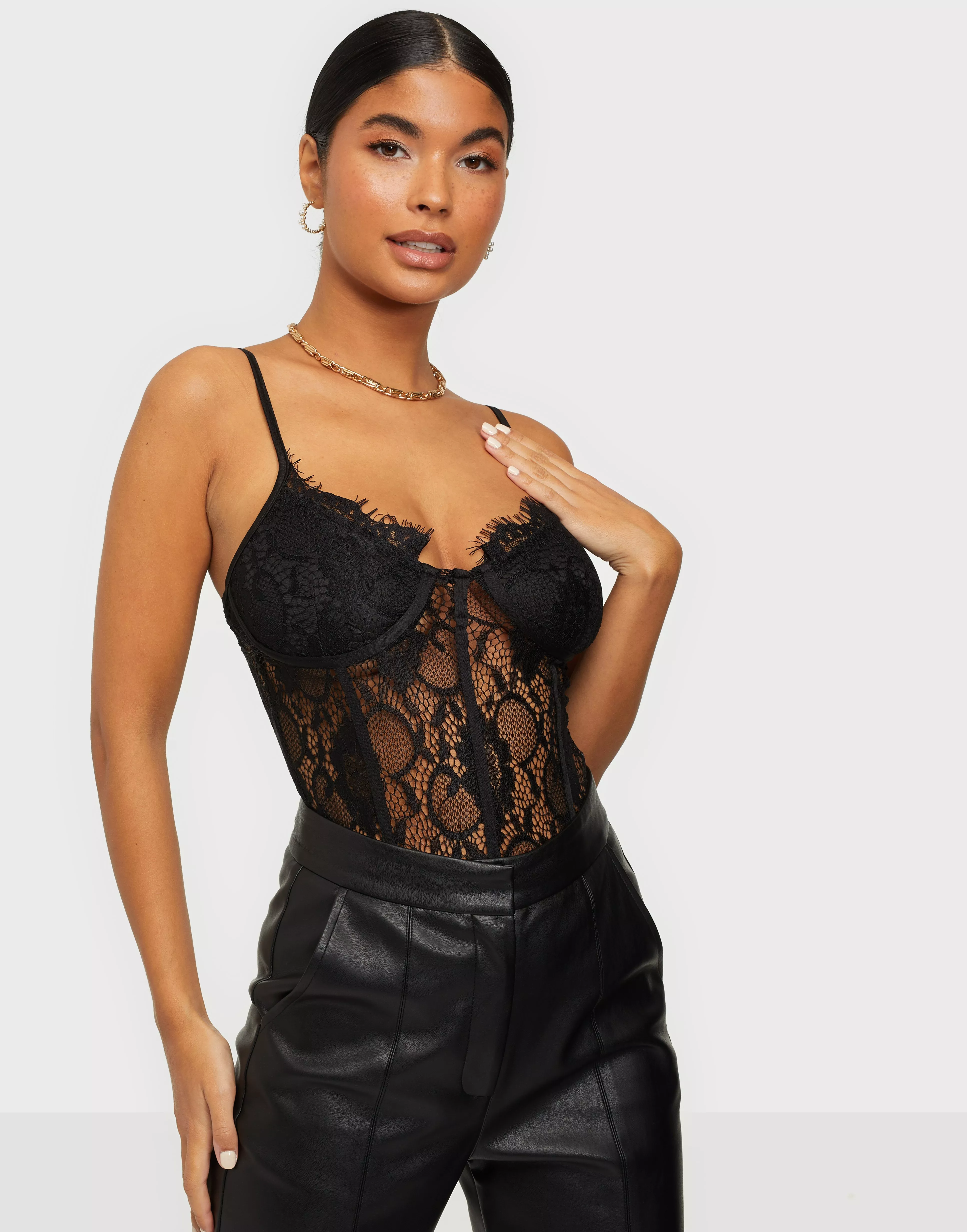 Petite Black Strappy Lace Cupped Bodysuit, Black from Missguided