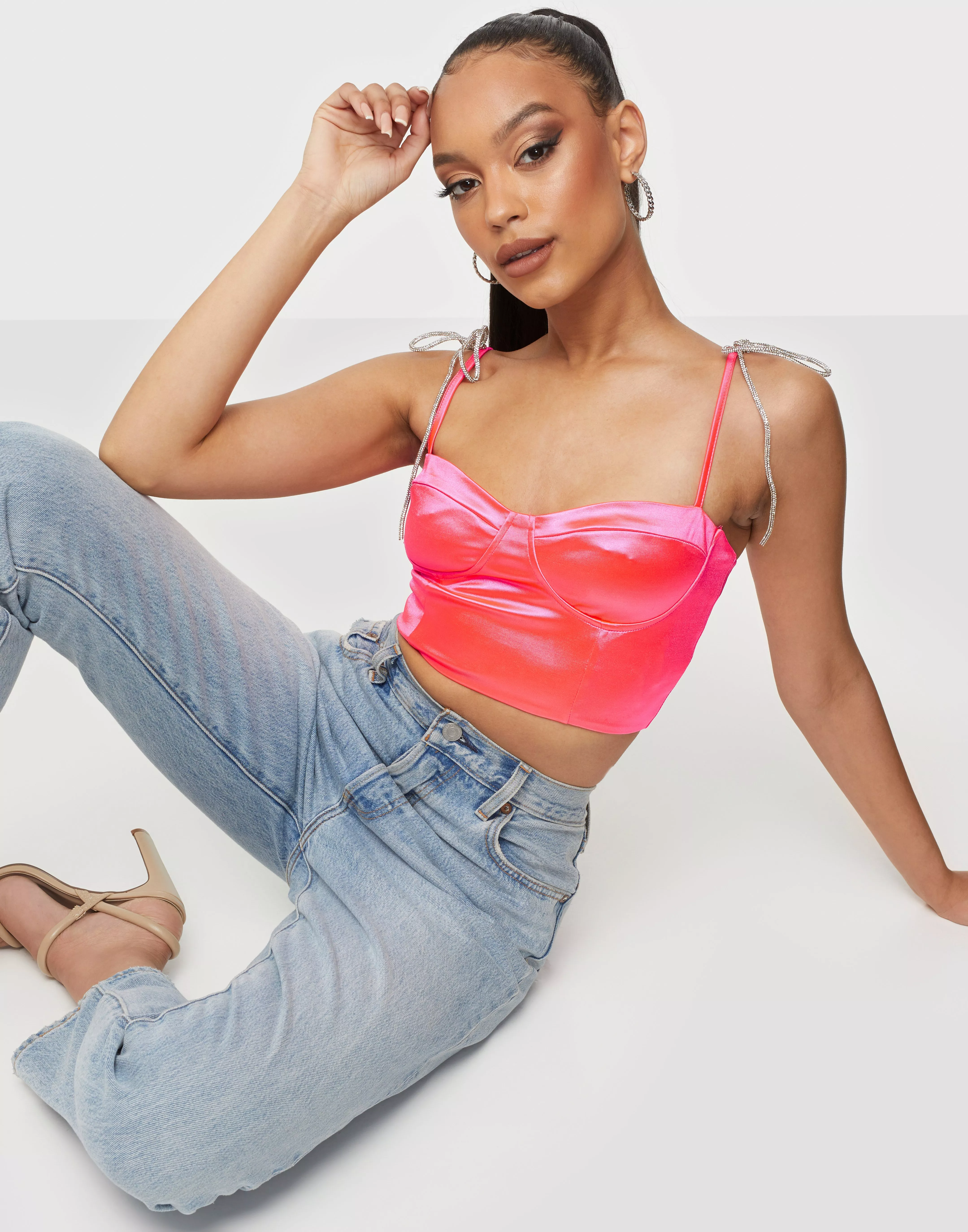 Buy Missguided Satin Diamante Strap Crop Body - Pink