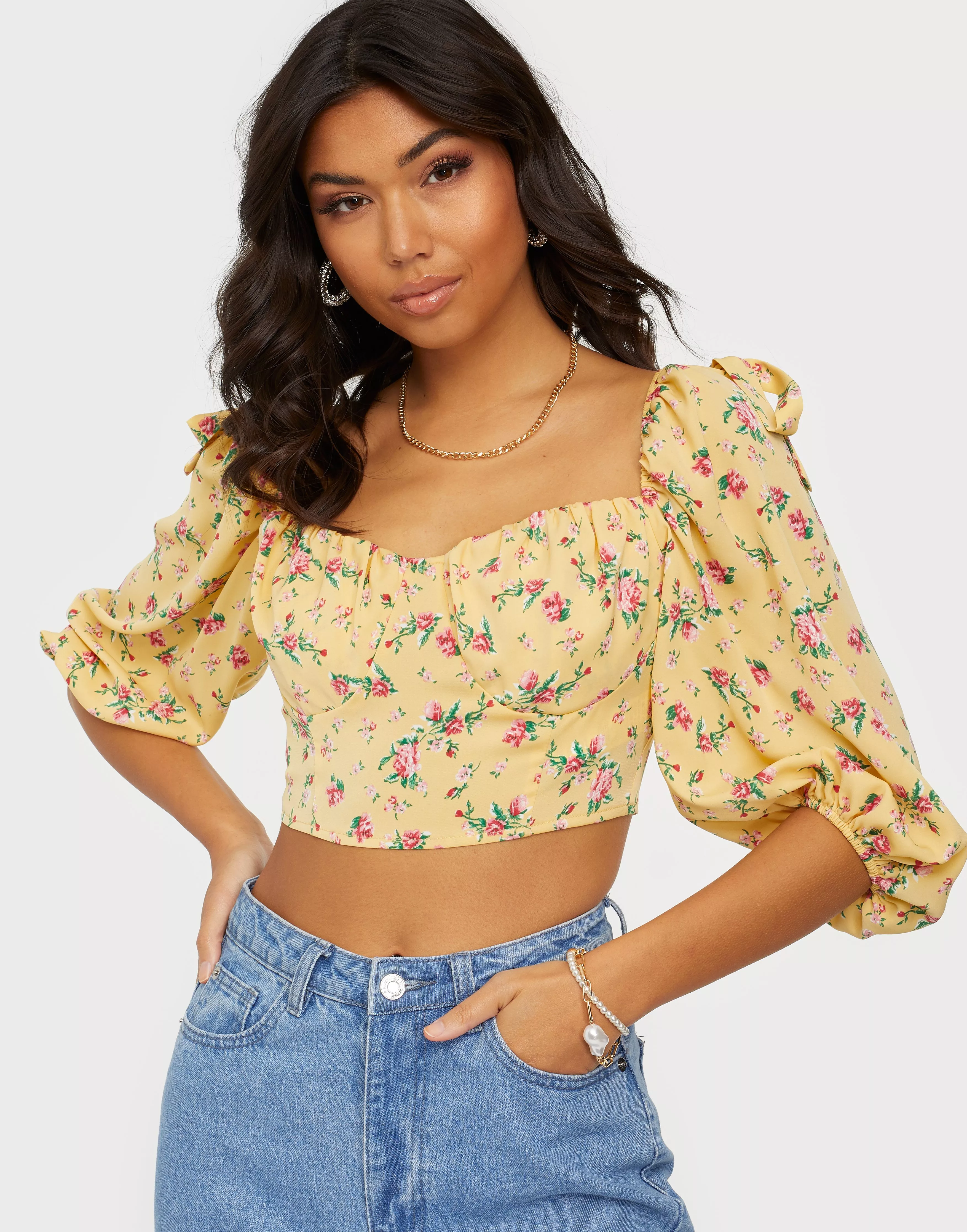 Floral Puff Sleeve Crop Top