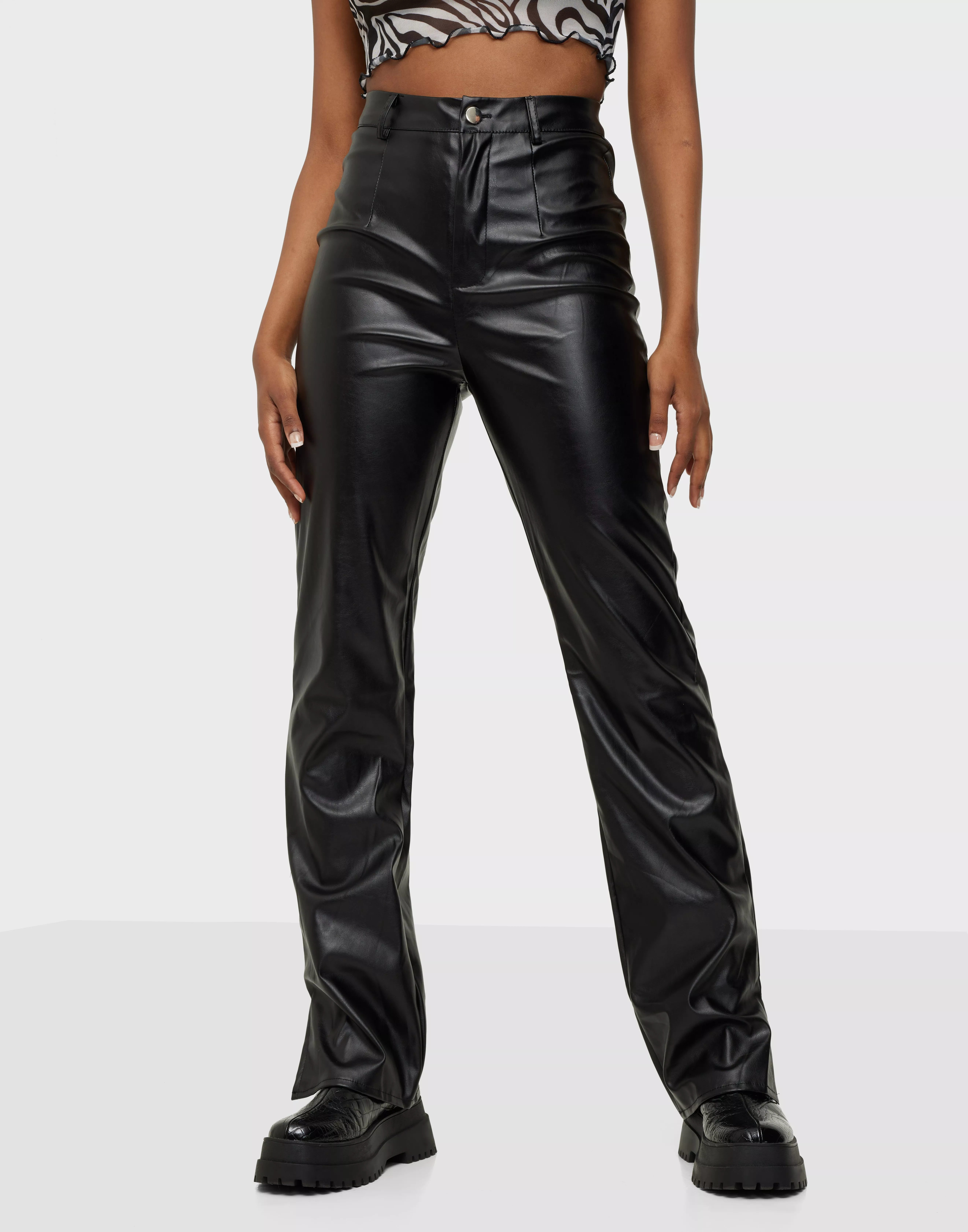 Black faux leather trousers deals missguided