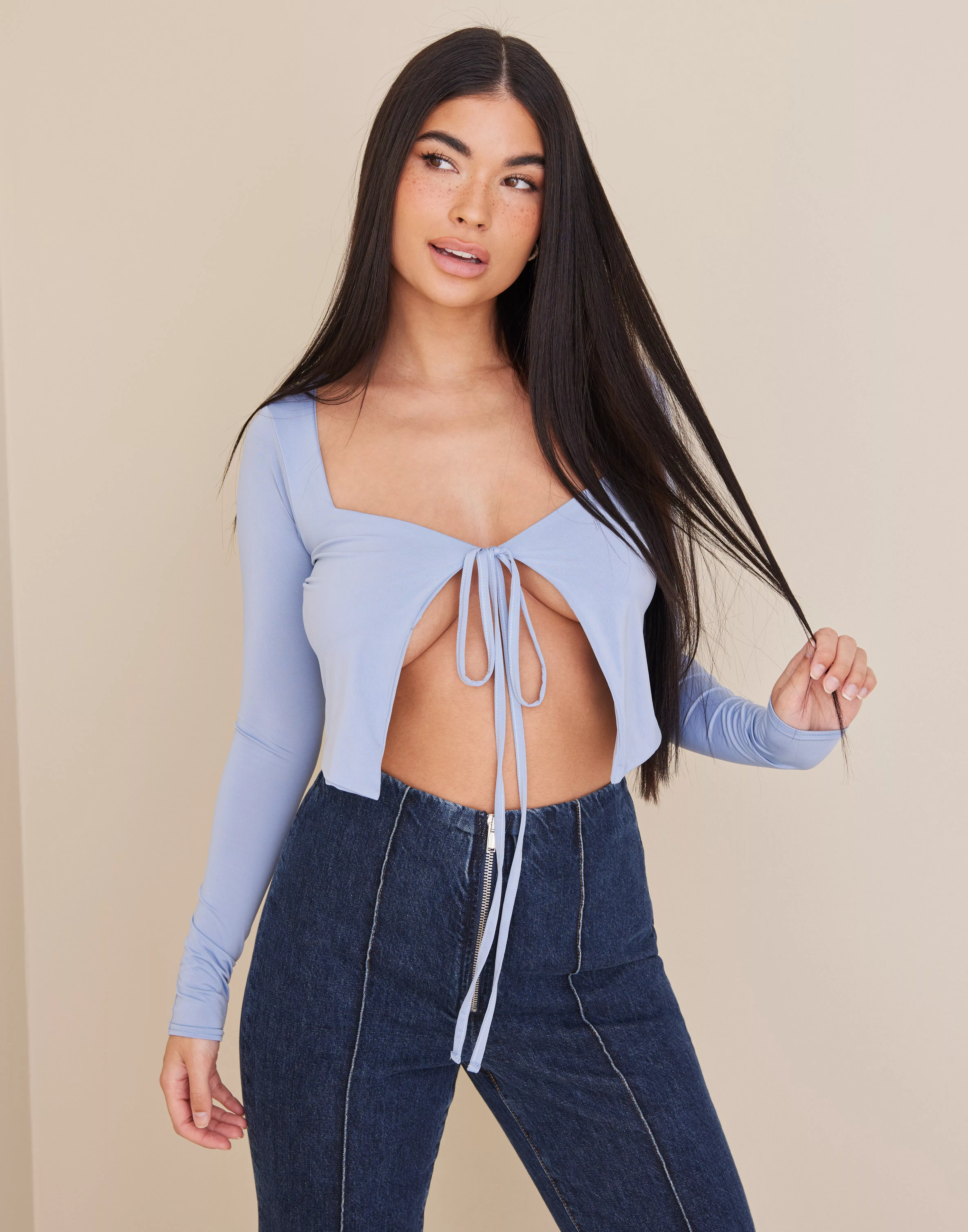 Transformer Tochi træ vulgaritet Buy Missguided LONG SLEEVE TIE FRONT CROP TOP - Blue | Nelly.com
