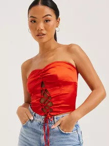 SATIN RUCHED BUSTIER LACE UP TOP