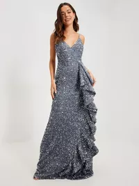ALL OVER SEQUIN PROM DRESS WITH RUFFLE