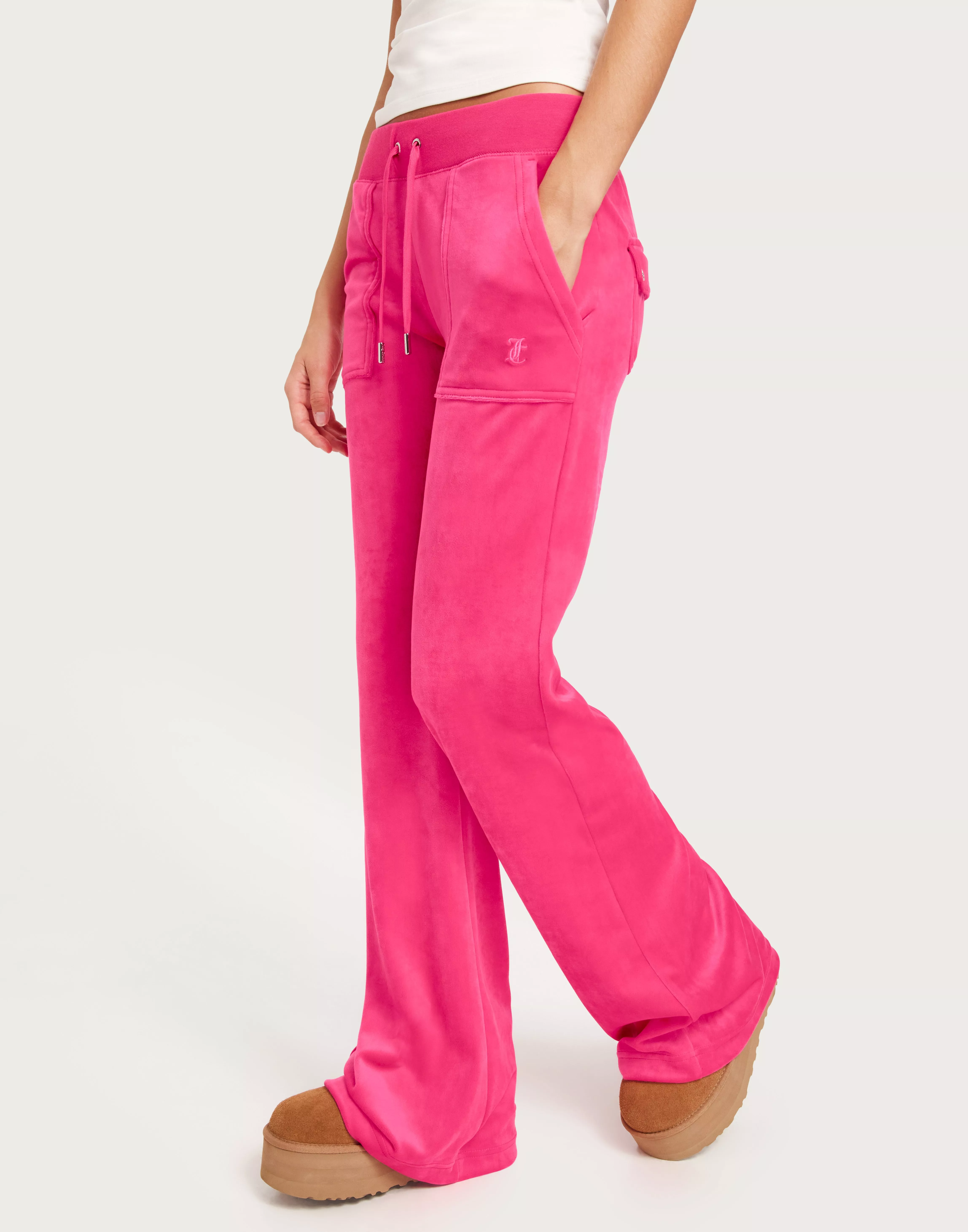 PINK GLO LOW RISE VELOUR SCATTER BEAD FLARED JOGGERS – Juicy