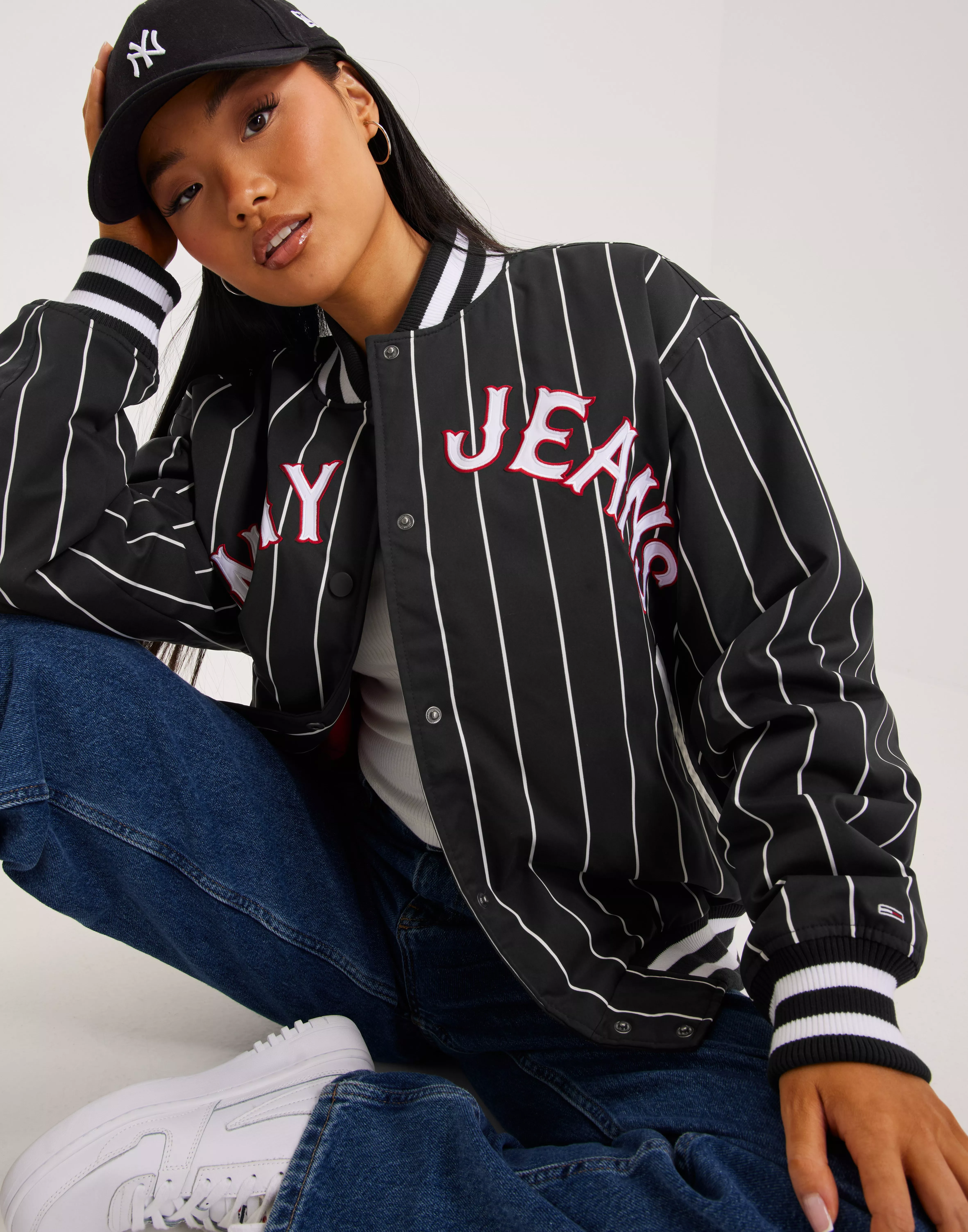 Jean hot sale letterman jacket
